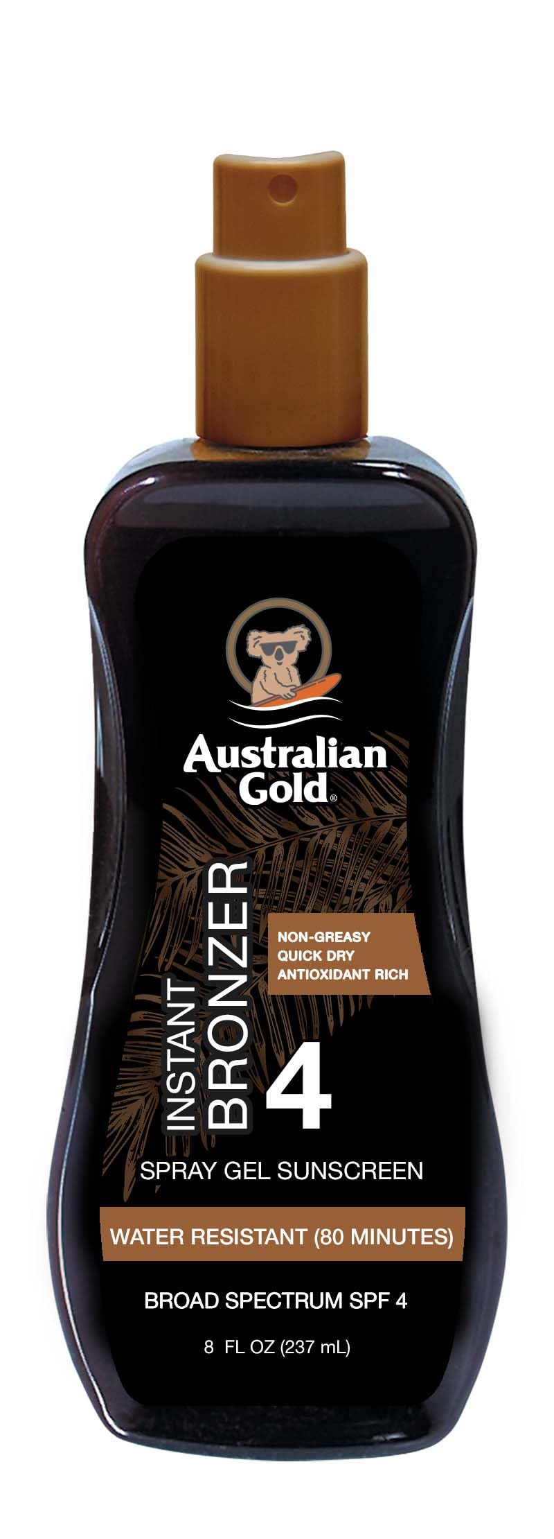 Australian Gold Spray Gel Sunscreen bottle with instant bronzer for a sun kissed glow