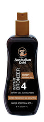 Australian Gold Spray Gel Sunscreen bottle with instant bronzer for a sun kissed glow