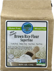 Authentic Foods Superfine Brown Rice Flour bag closeup showing silky texture for gluten-free baking.