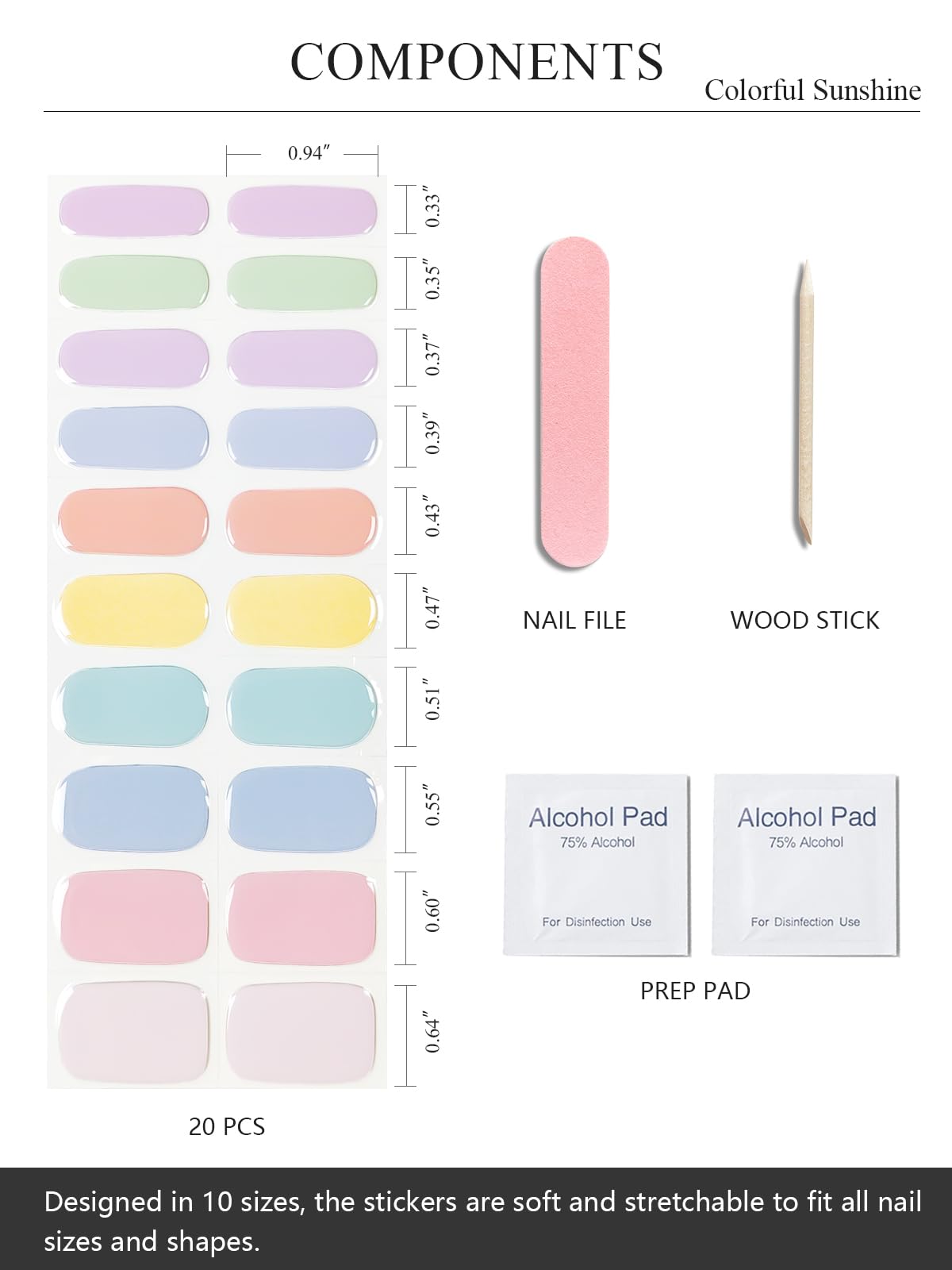 AutyaMee Gel Nail Strips 20-pcs set showing 10 sizes for precise fit.
