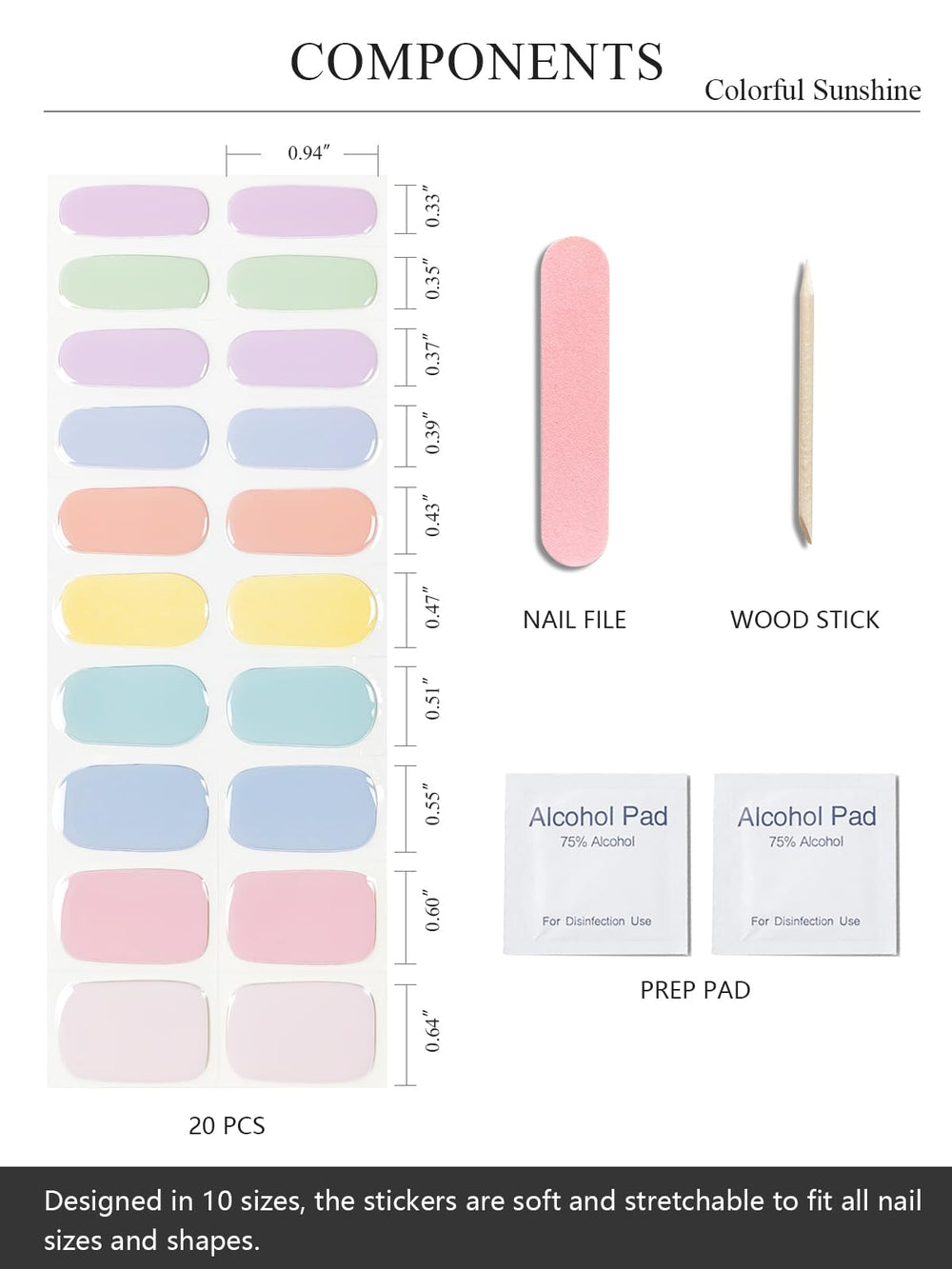 AutyaMee Gel Nail Strips 20-pcs set showing 10 sizes for precise fit.