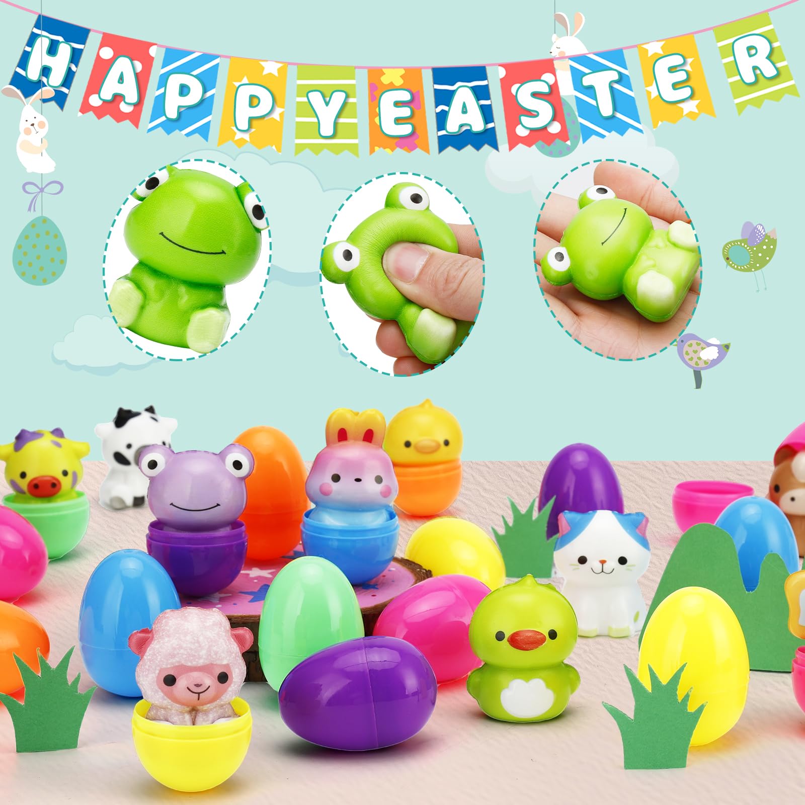 AUUGUU prefilled Easter eggs with animal toys for classroom rewards and home hunts.