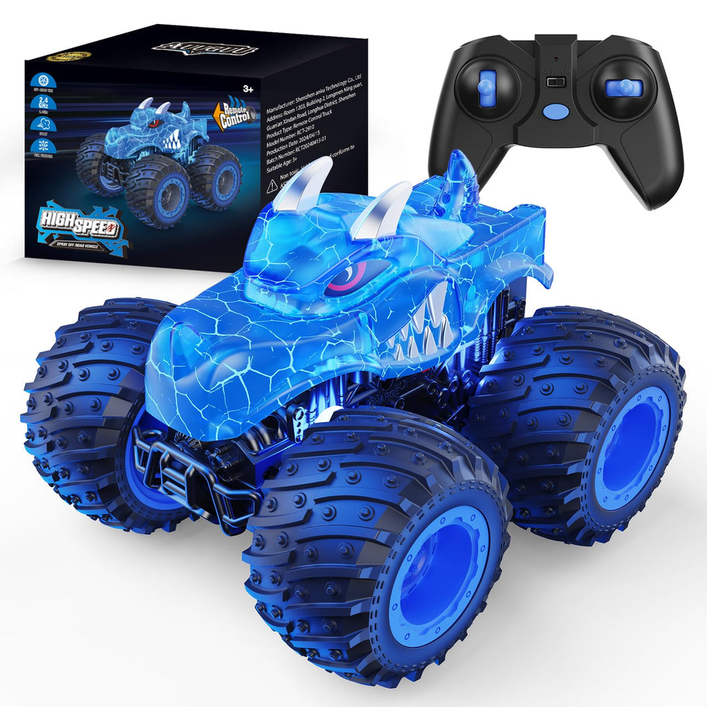 AUUGUU remote control monster truck with spray and LED lights for exciting play