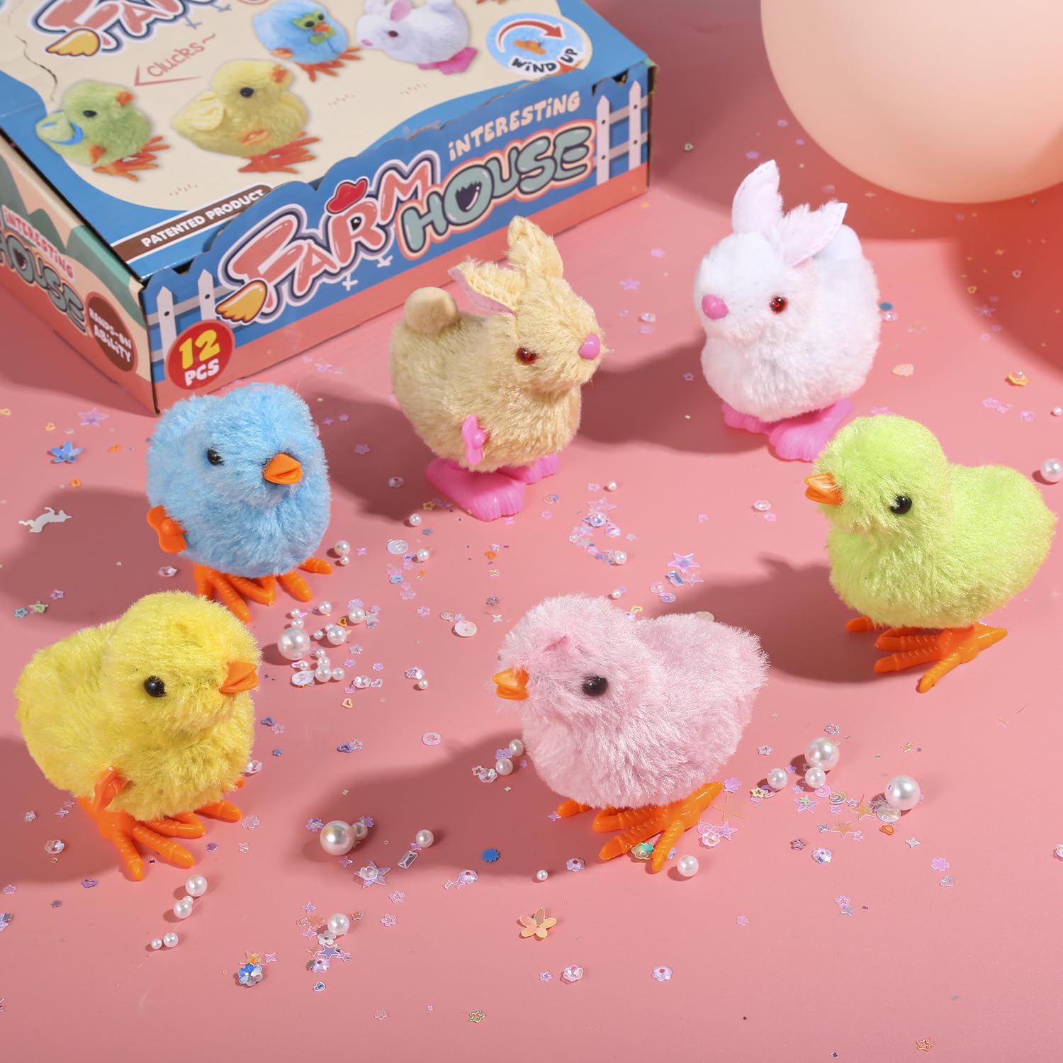 Auvitaya four-pack colorful chickens, perfect for playtime and party favors.
