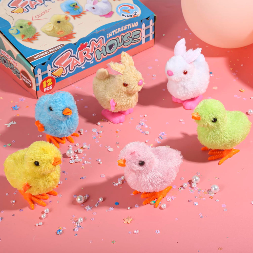 Auvitaya four-pack colorful chickens, perfect for playtime and party favors.
