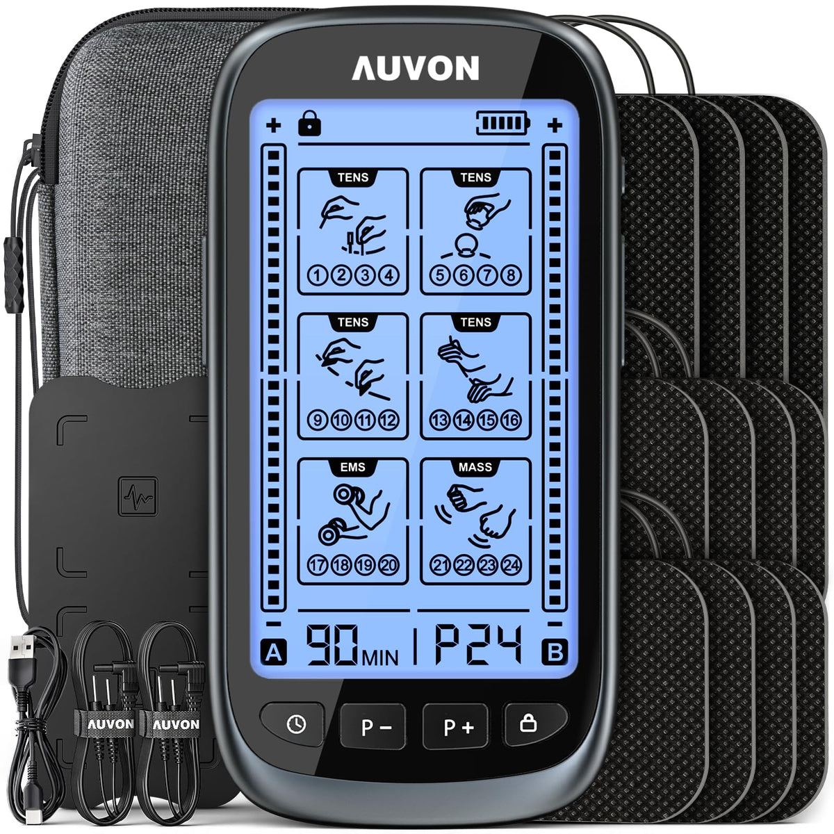 AUVON 3-in-1 TENS unit front view for portable pain relief.