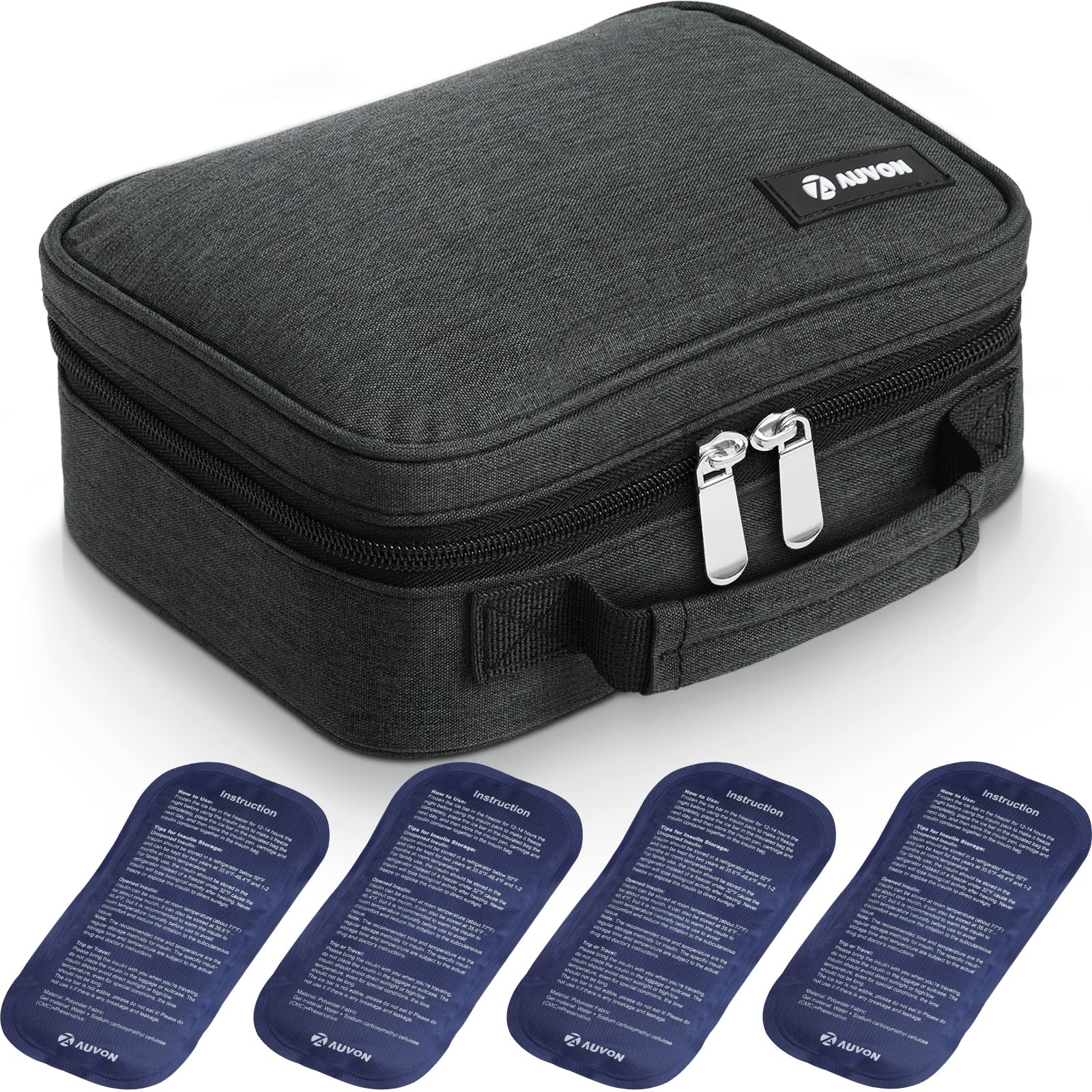 AUVON insulin cooler travel case with four 160g ice packs keeps insulin cool on the go.