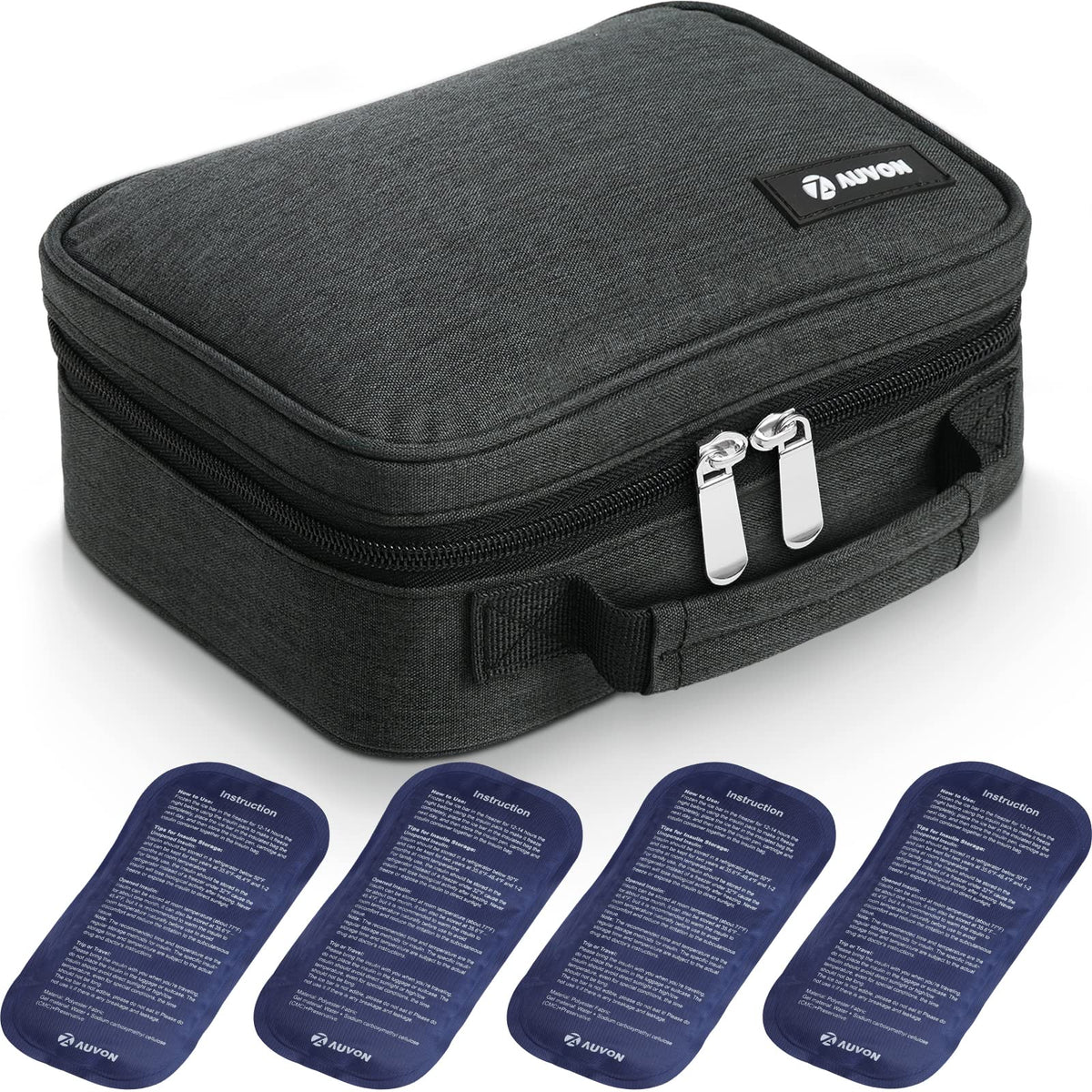 AUVON insulin cooler travel case with four 160g ice packs keeps insulin cool on the go.