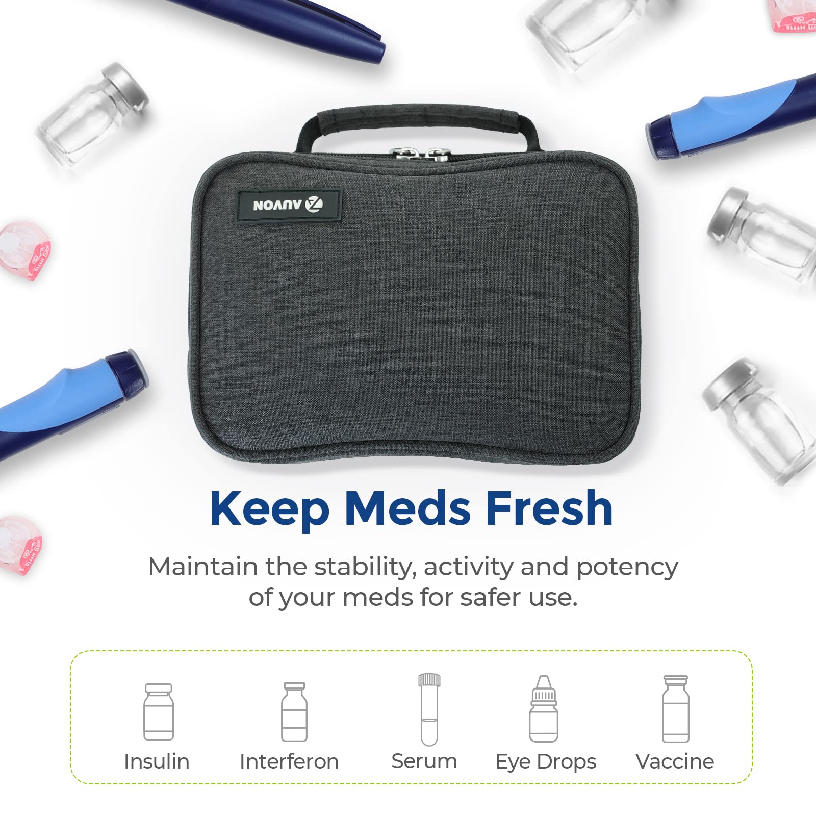 AUVON insulin travel case ready for travel with essential diabetic supplies.