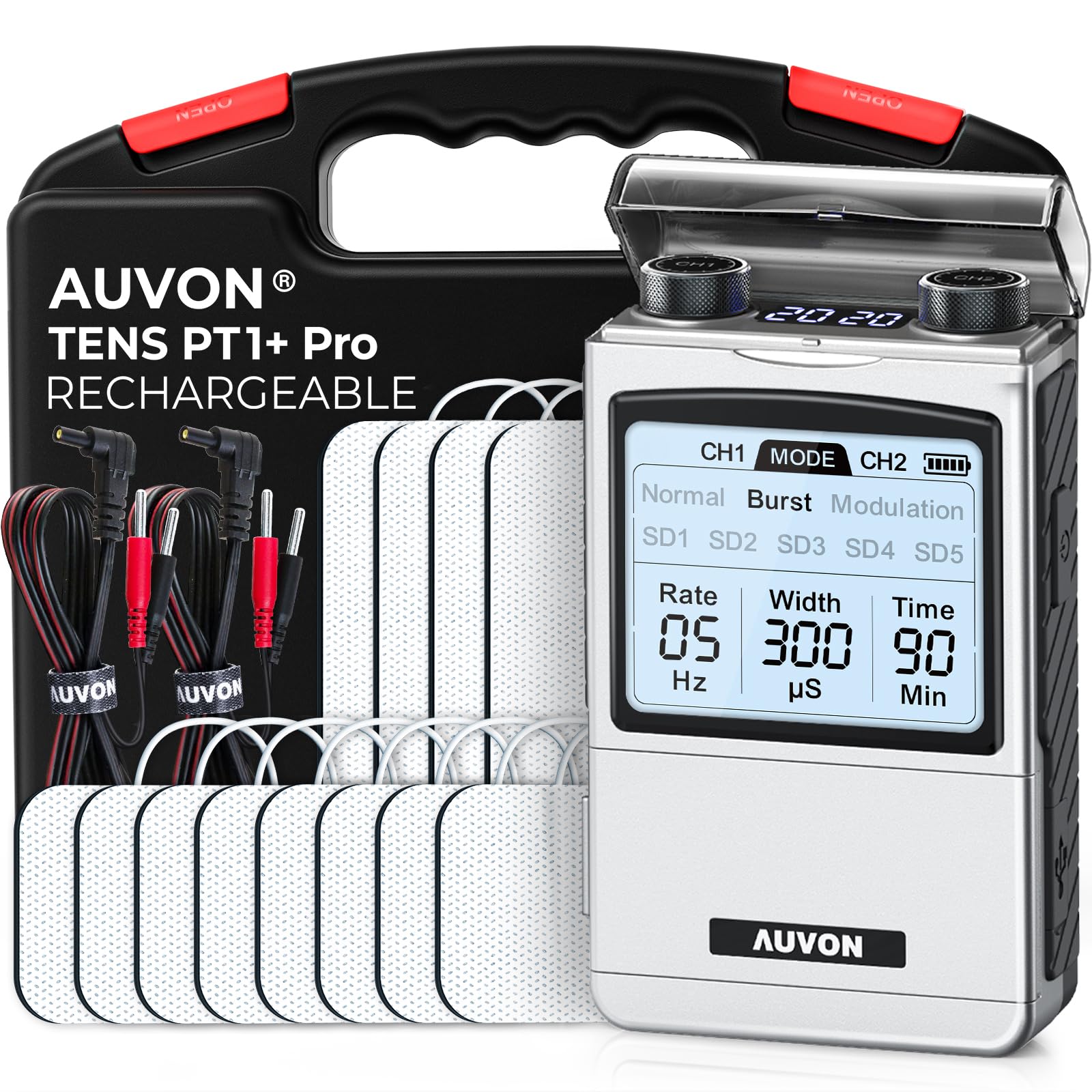 AUVON rechargeable TENS unit front view for portable muscle relief on the go.