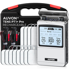 AUVON rechargeable TENS unit front view for portable muscle relief on the go.