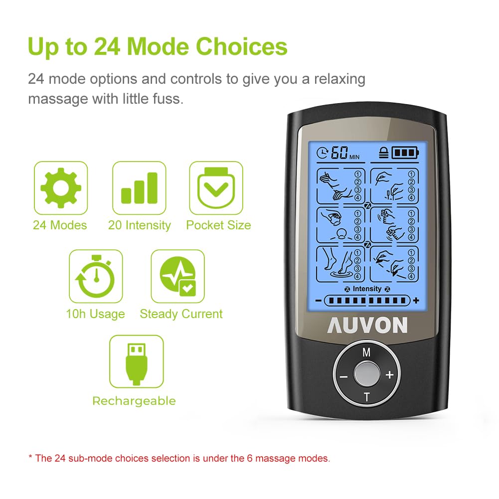AUVON TENS 8 pack pads highlighting extended lifespan and easy setup