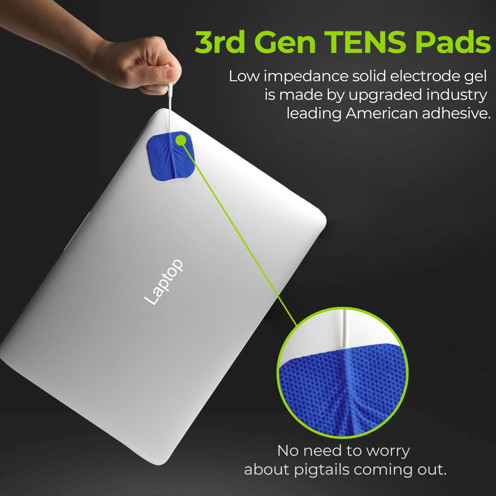 AUVON TENS pads adhesive detail shows upgraded non-irritating gel.