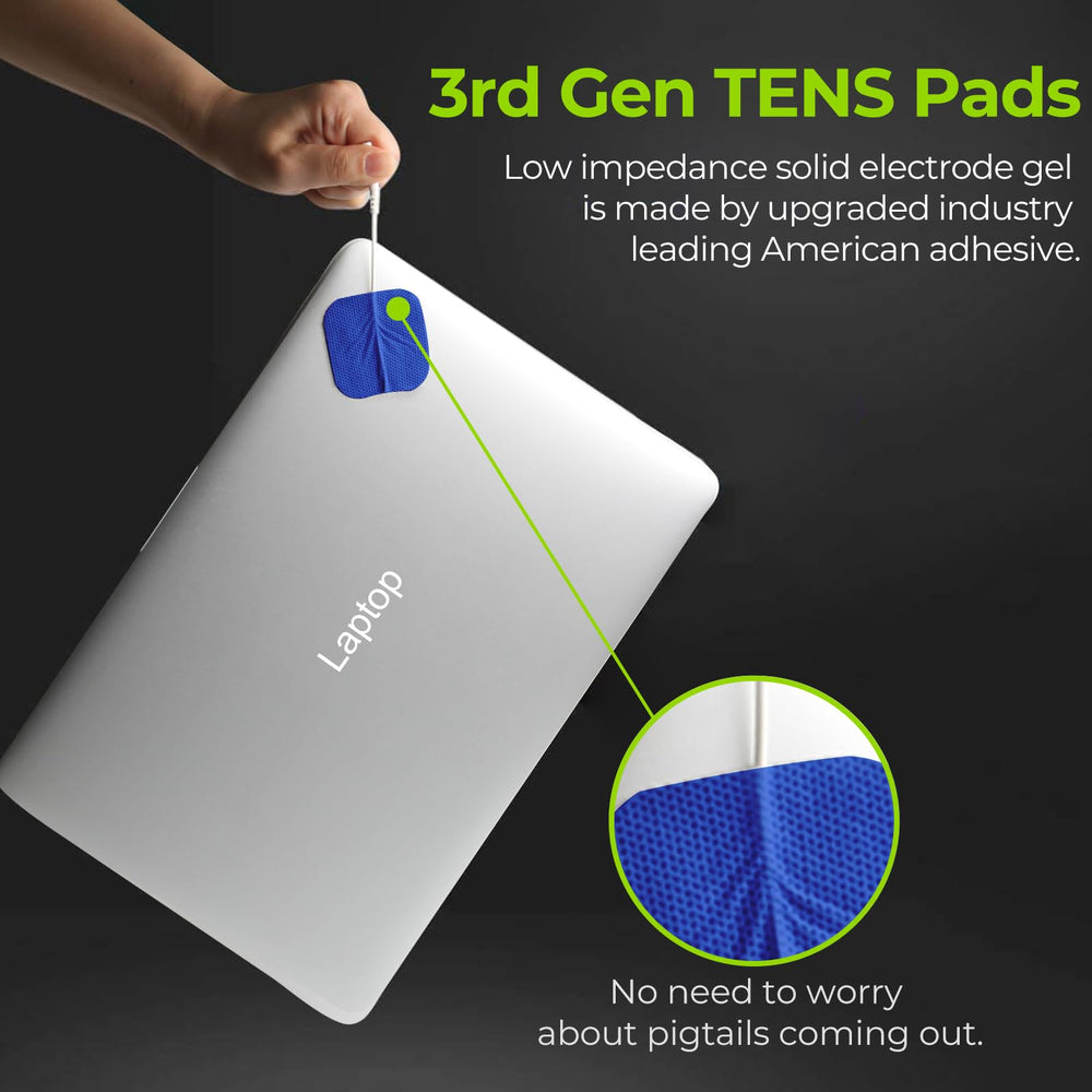AUVON TENS pads adhesive detail shows upgraded non-irritating gel.