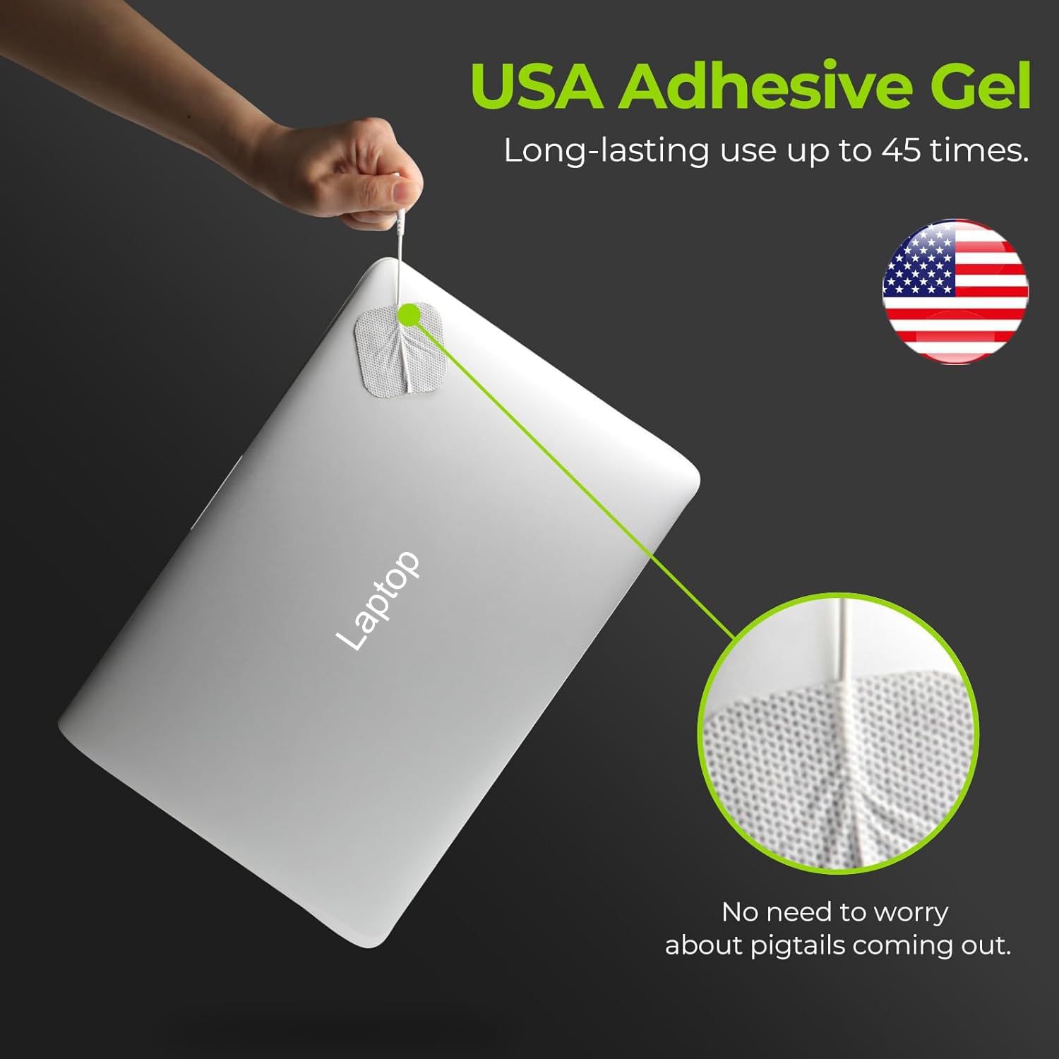 AUVON TENS pads demonstrate secure self-adhesion on the skin.