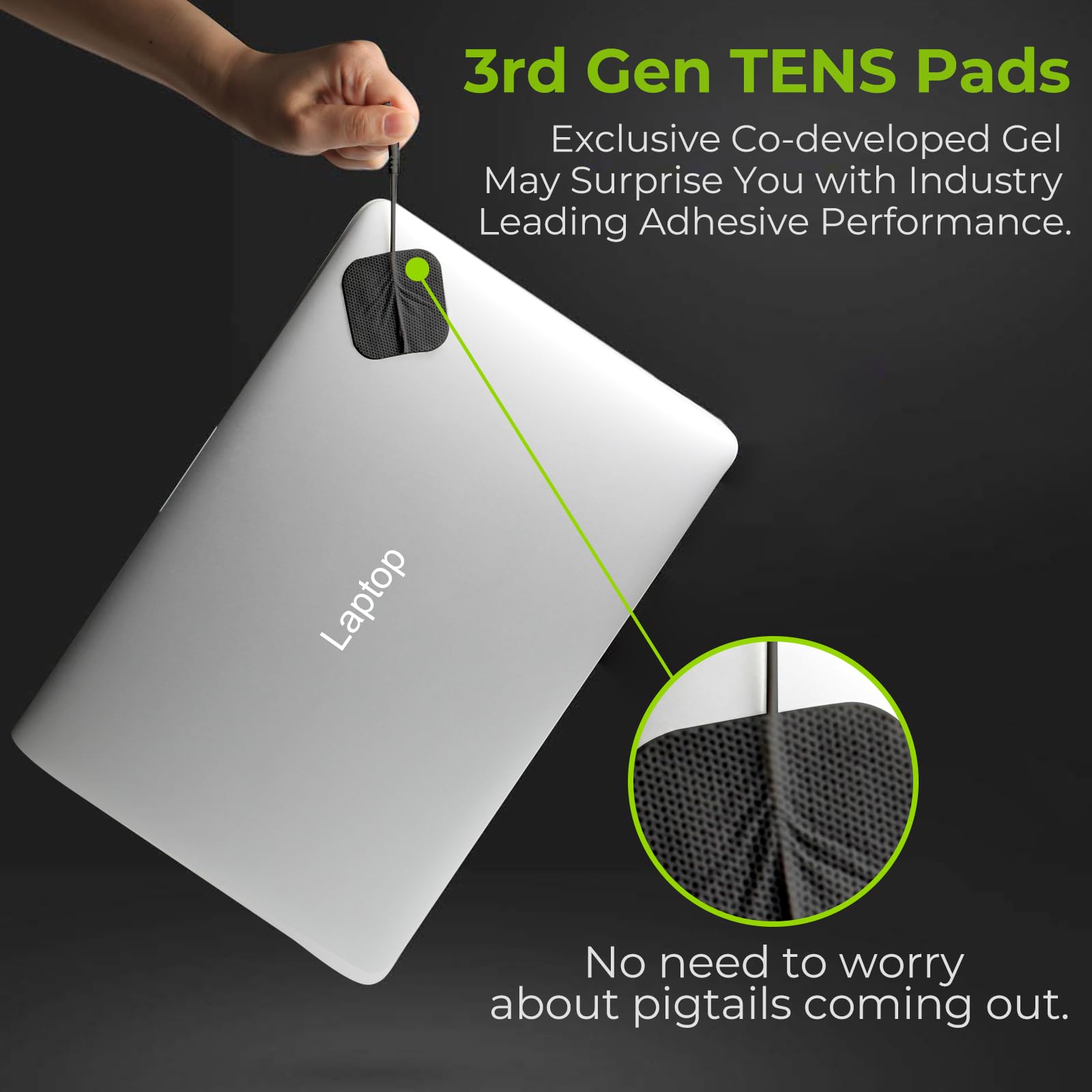 AUVON TENS pads side view showing slim, reusable design for versatile placement
