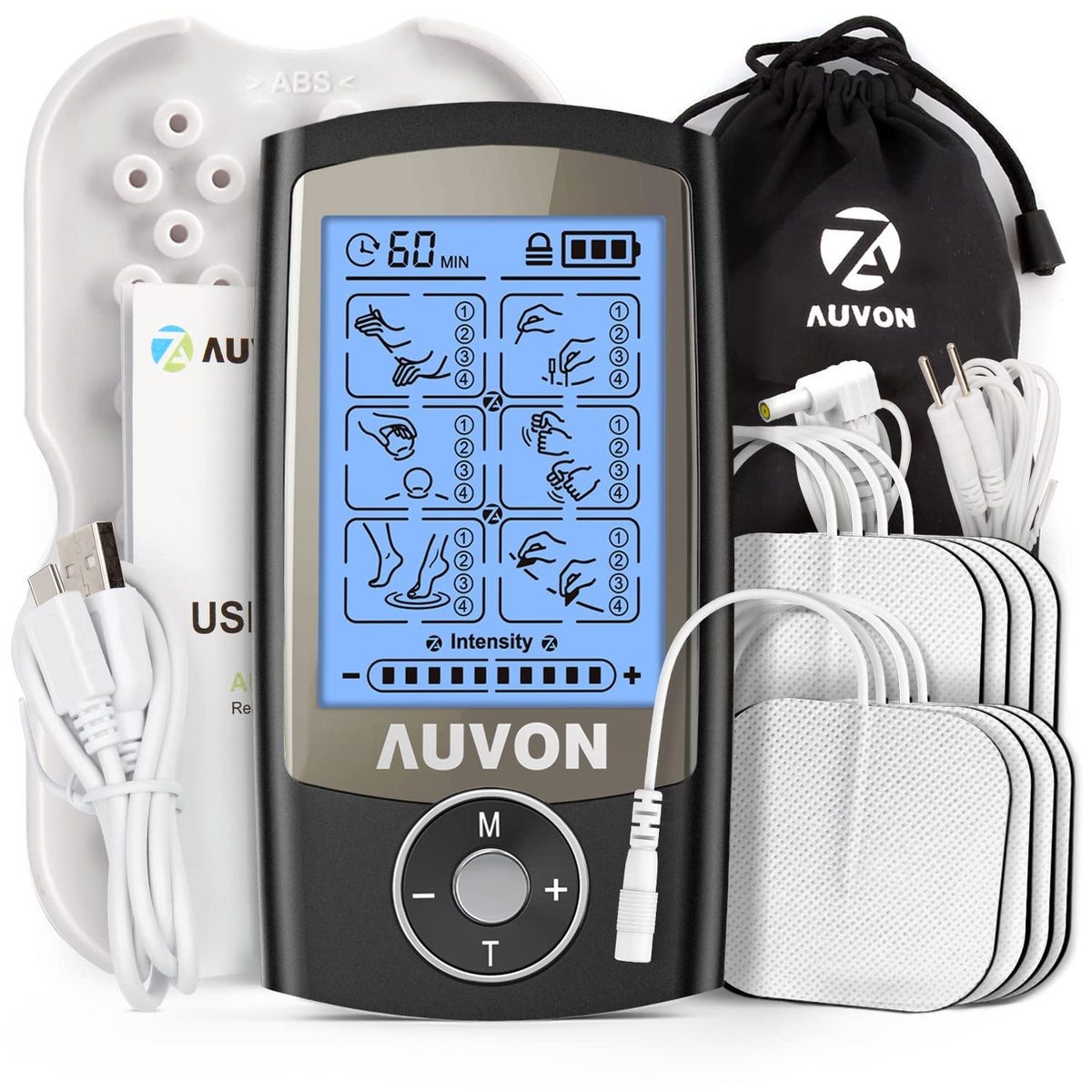 AUVON TENS unit front view ready for at home relief sessions