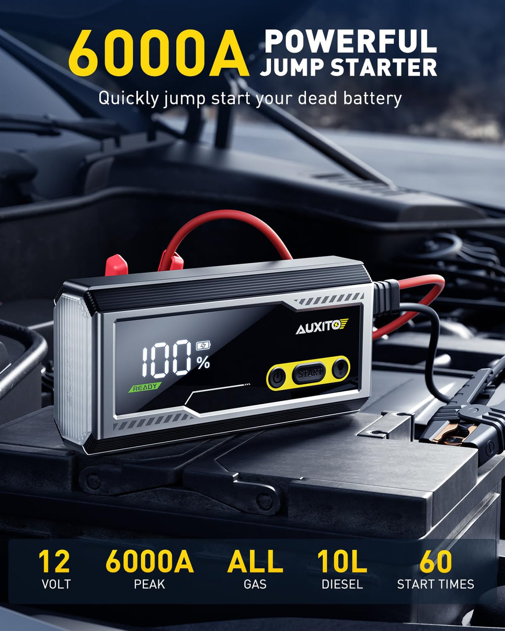 AUXITO 6000A jump starter smart clamps showing spark-free safety feature