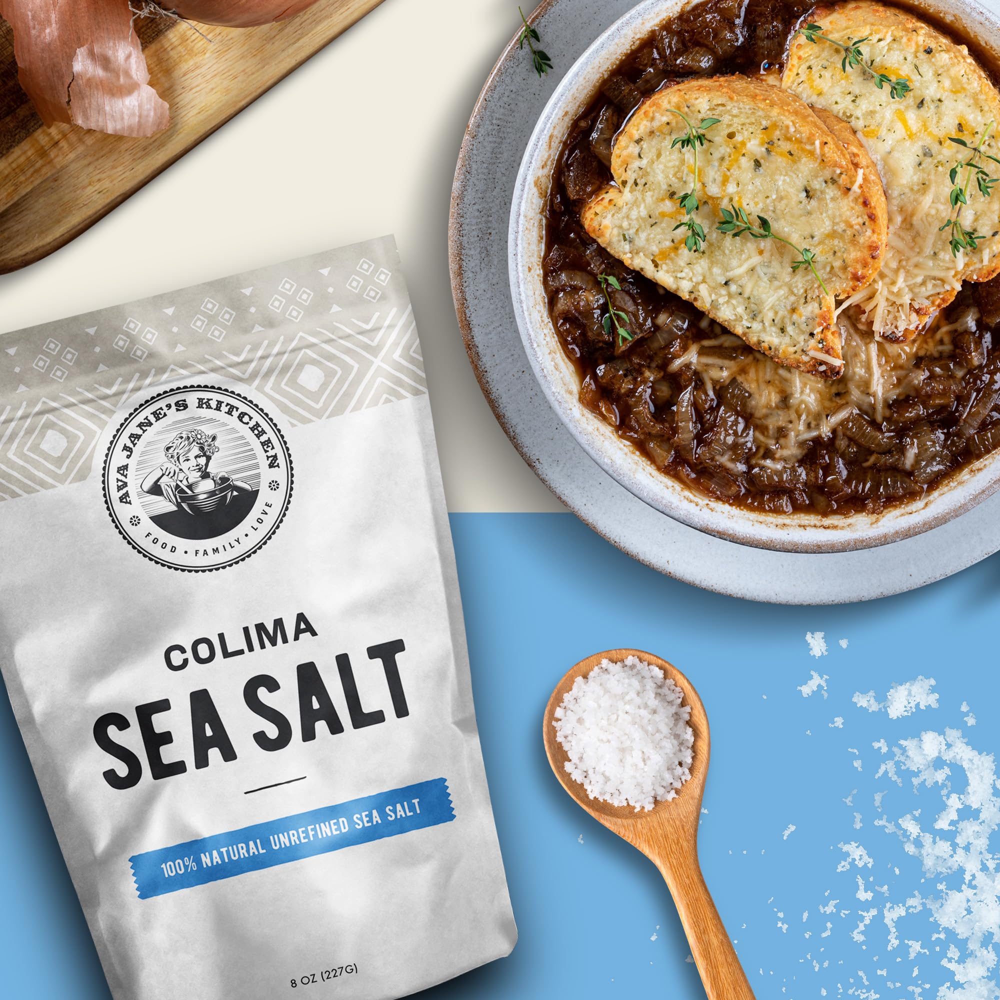 Kitchen scene showing easy seasoning with Ava Jane's salt.