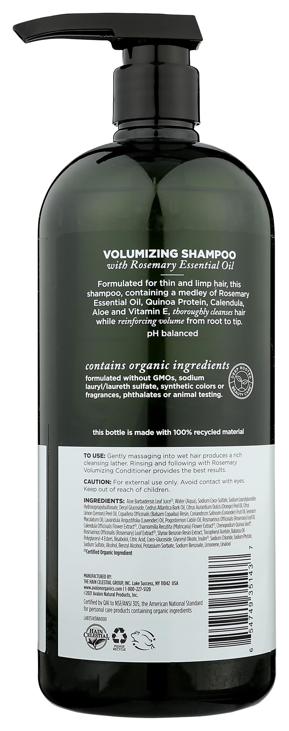 Avalon Organics Rosemary Shampoo label closeup highlighting organic ingredients and cruelty-free status.