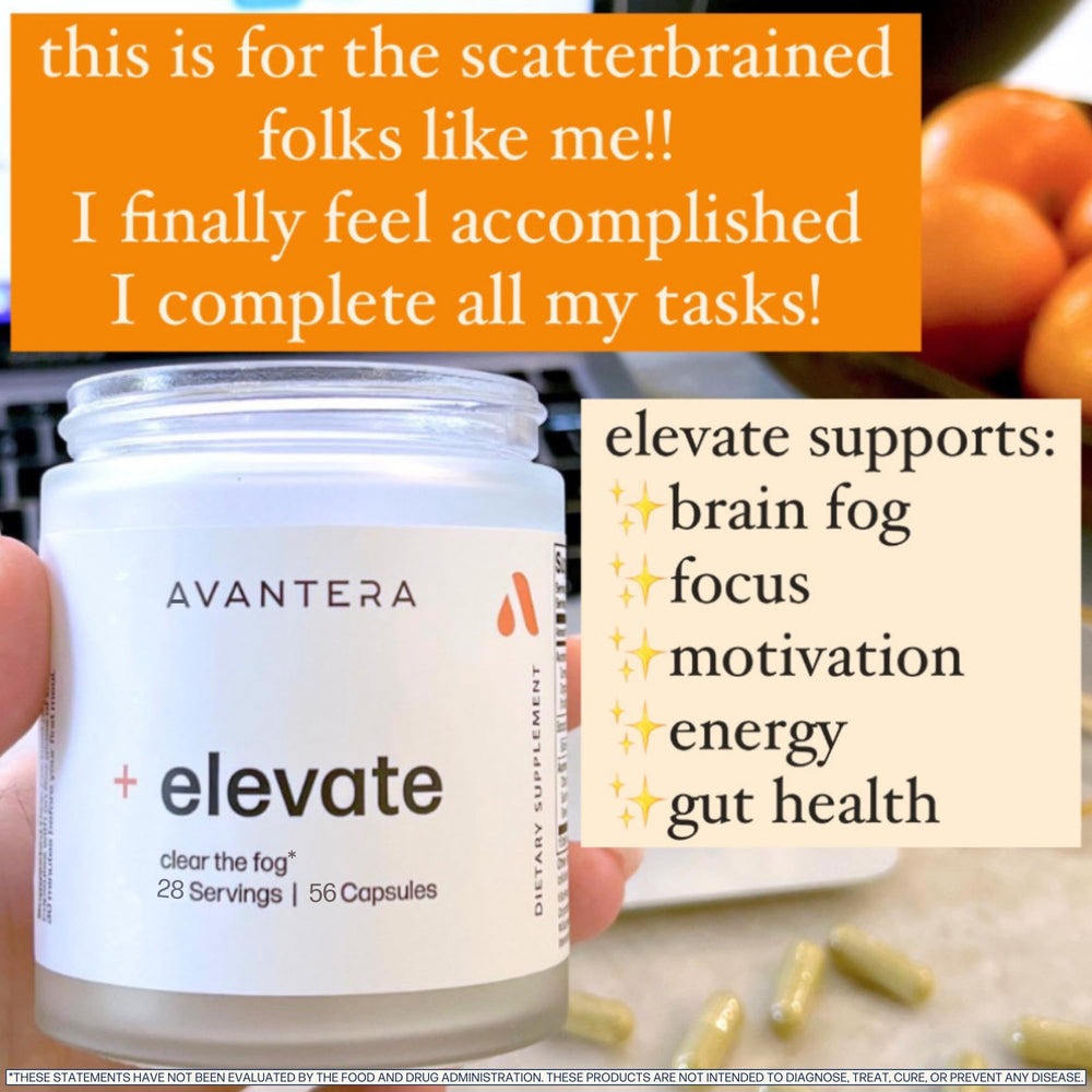 Avantera Elevate bottle on shelf communicates premium nootropic design