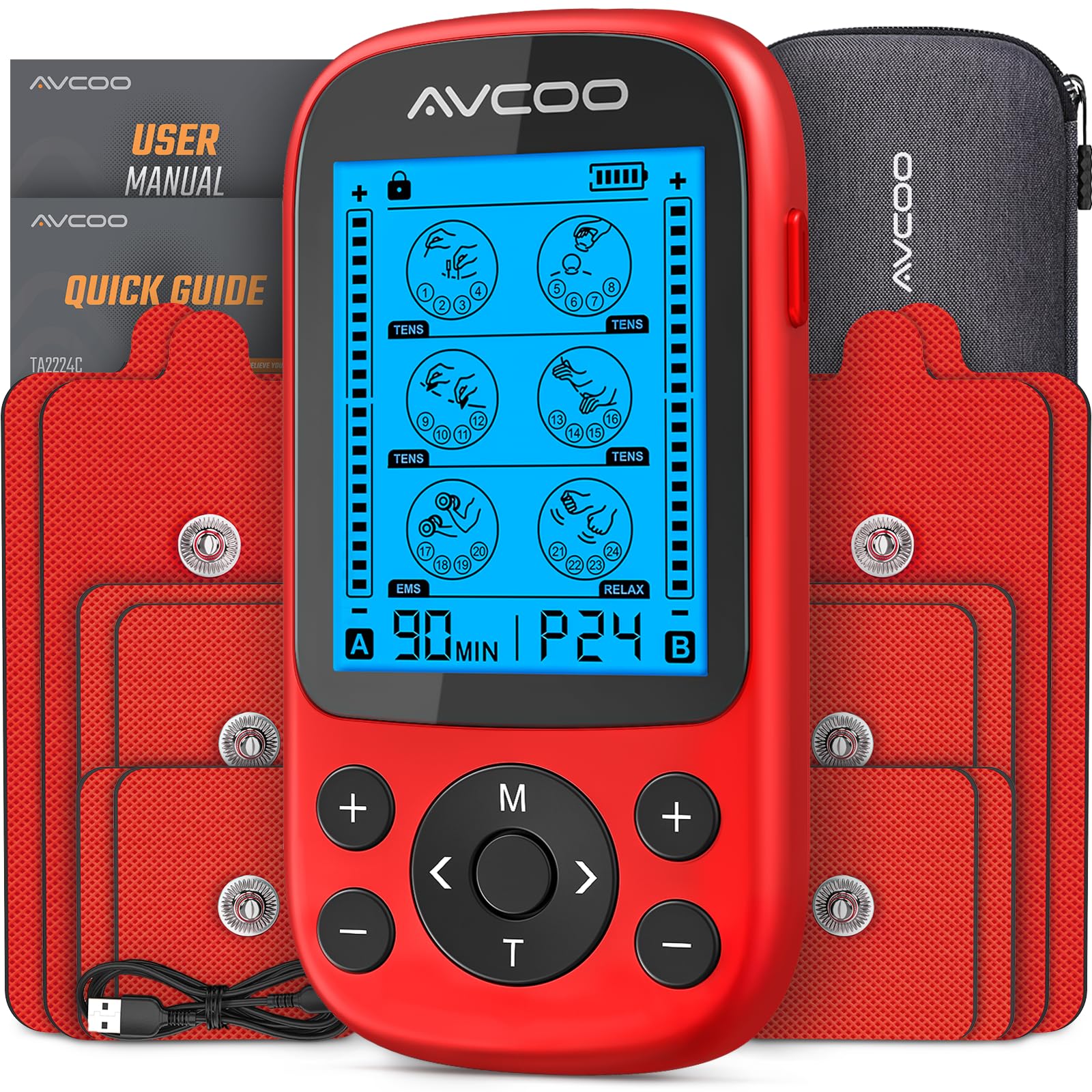 AVCOO 3-in-1 TENS unit display shows mode options for versatile relief.