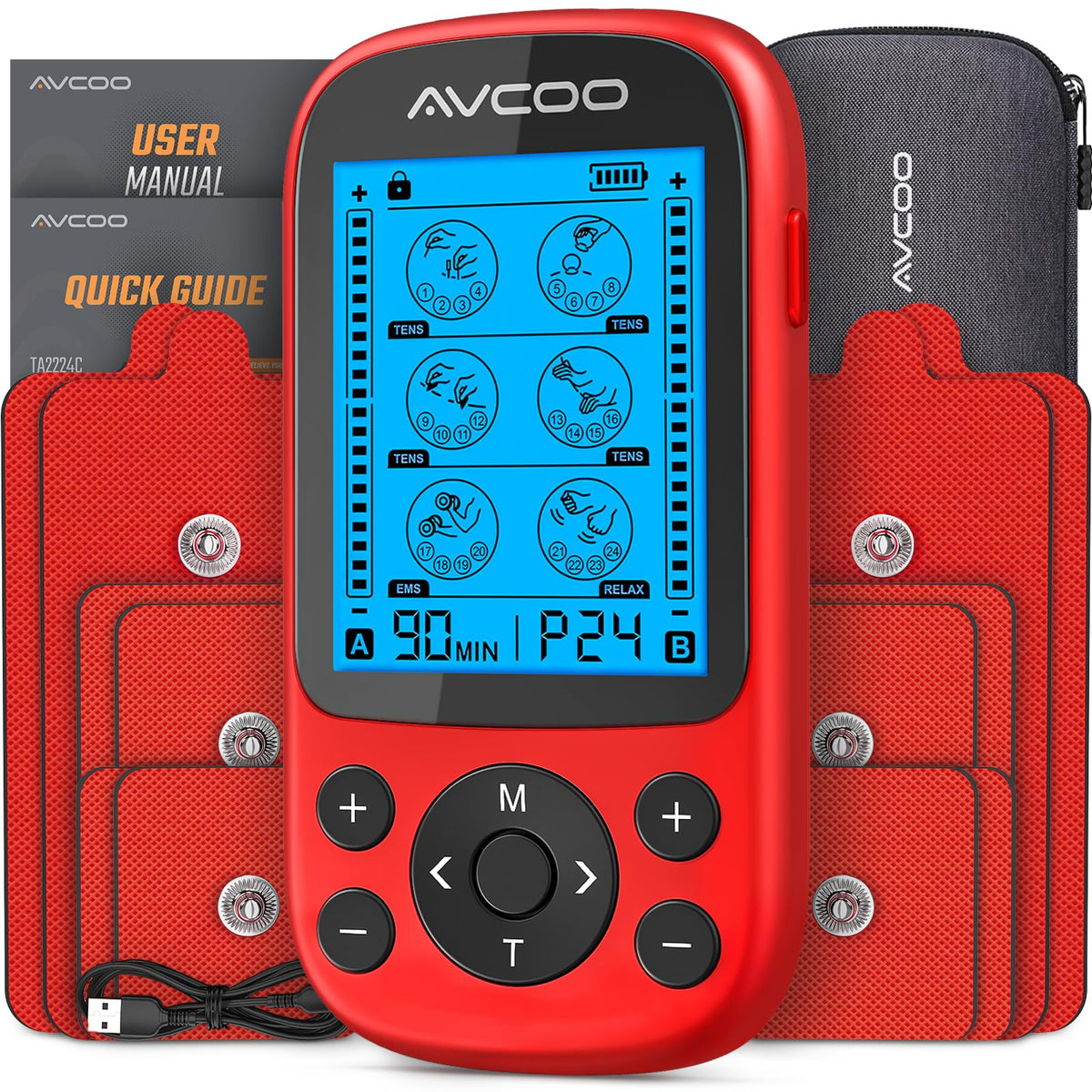 AVCOO 3-in-1 TENS unit display shows mode options for versatile relief.