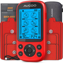 AVCOO 3-in-1 TENS unit display shows mode options for versatile relief.