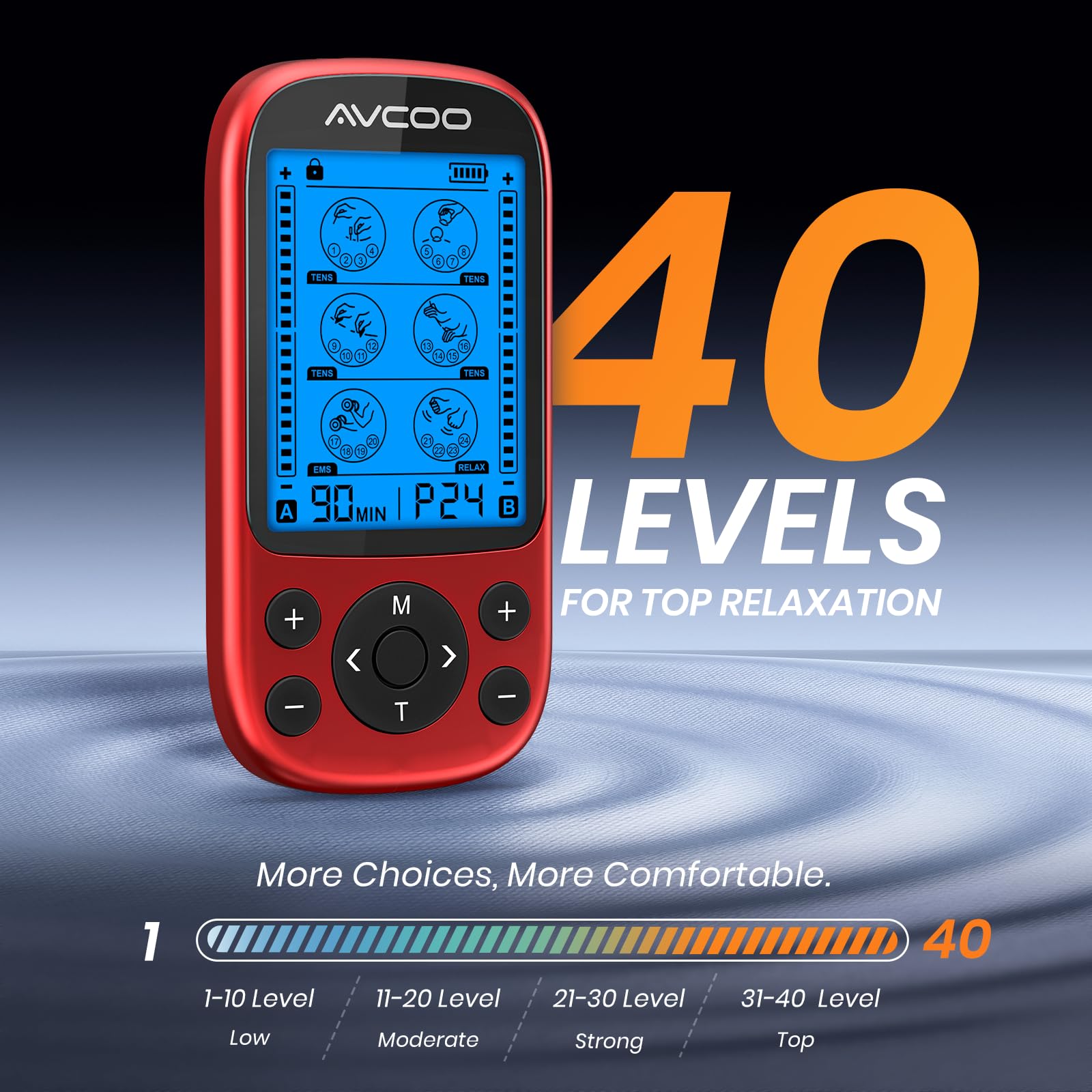 AVCOO dual-size TENS pads kit for targeted or broad-area relief.