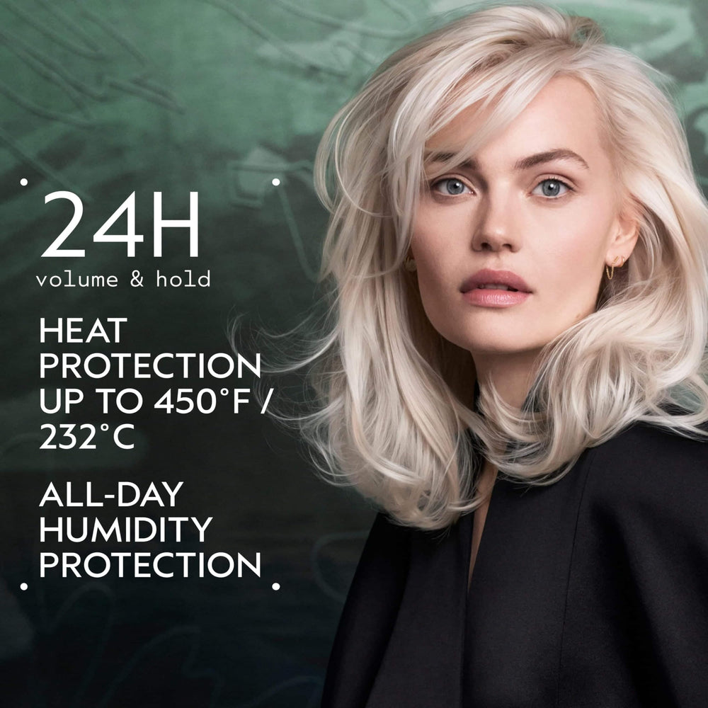 Closeup of Aveda Abundant Blowout canister highlighting even mist and aroma.