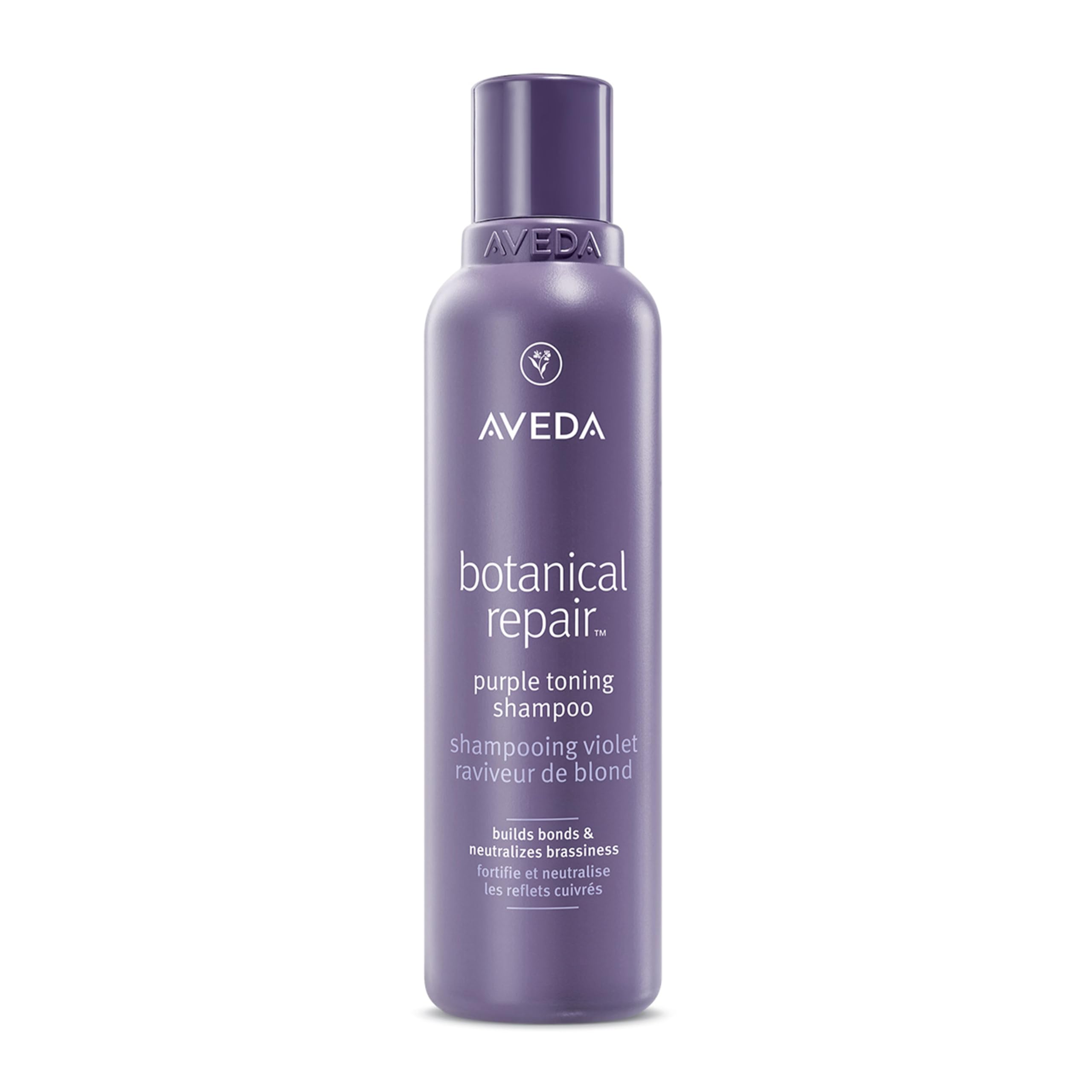Aveda Botanical Repair Purple Toning Shampoo bottle highlighting violet toning for brass-free blondes.