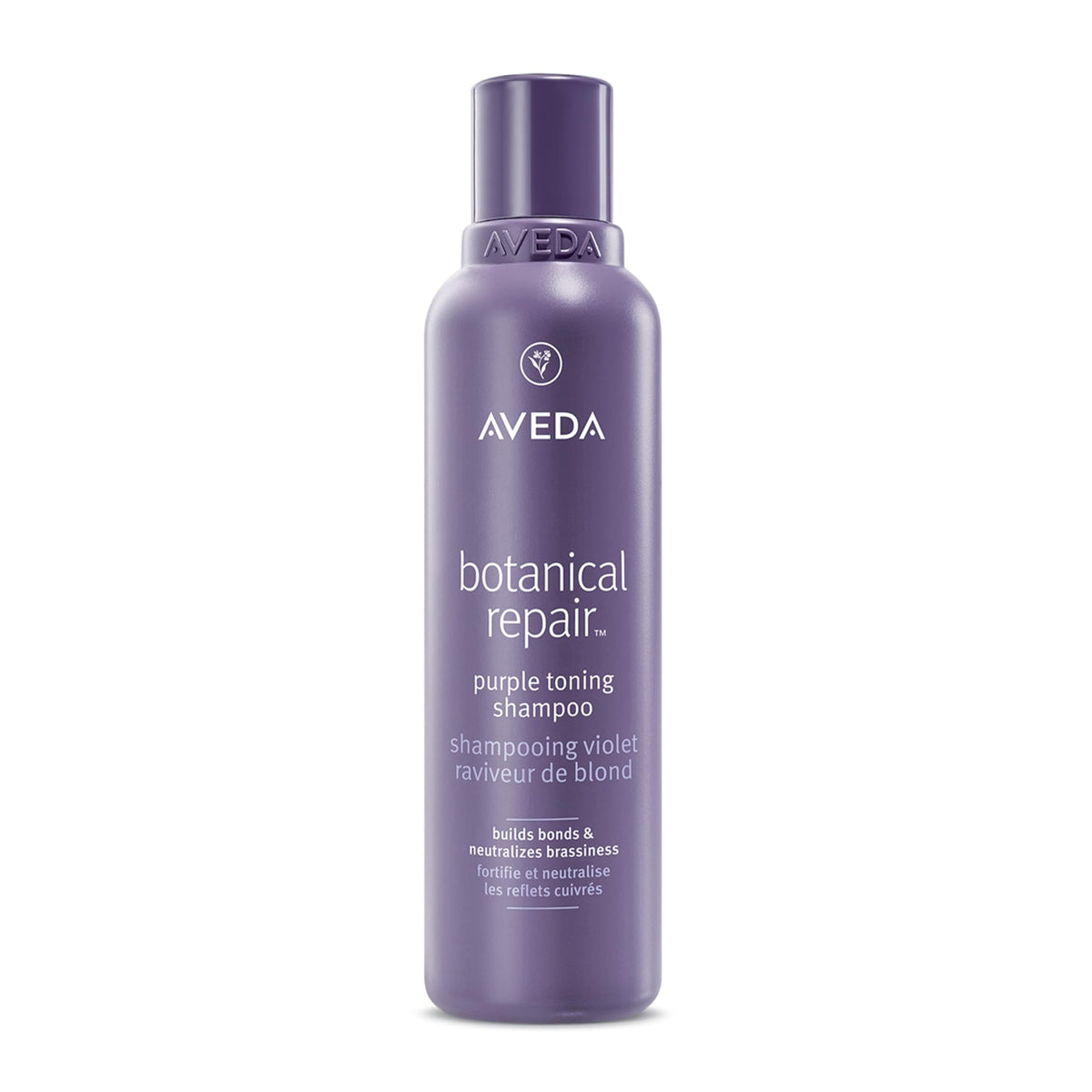 Aveda Botanical Repair Purple Toning Shampoo bottle highlighting violet toning for brass-free blondes.