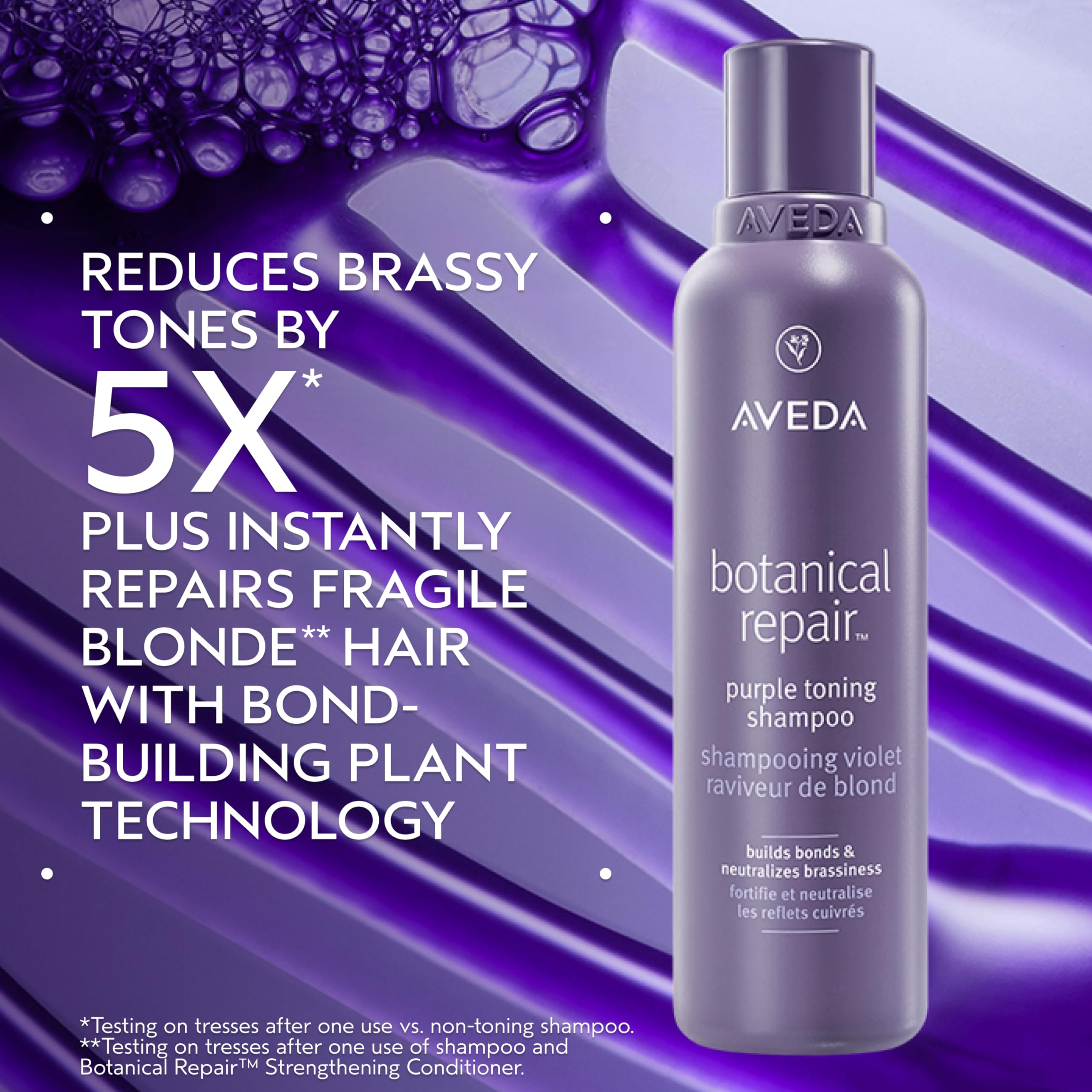 Aveda Botanical Repair Purple Toning Shampoo being poured to demonstrate cleansing and toning action.