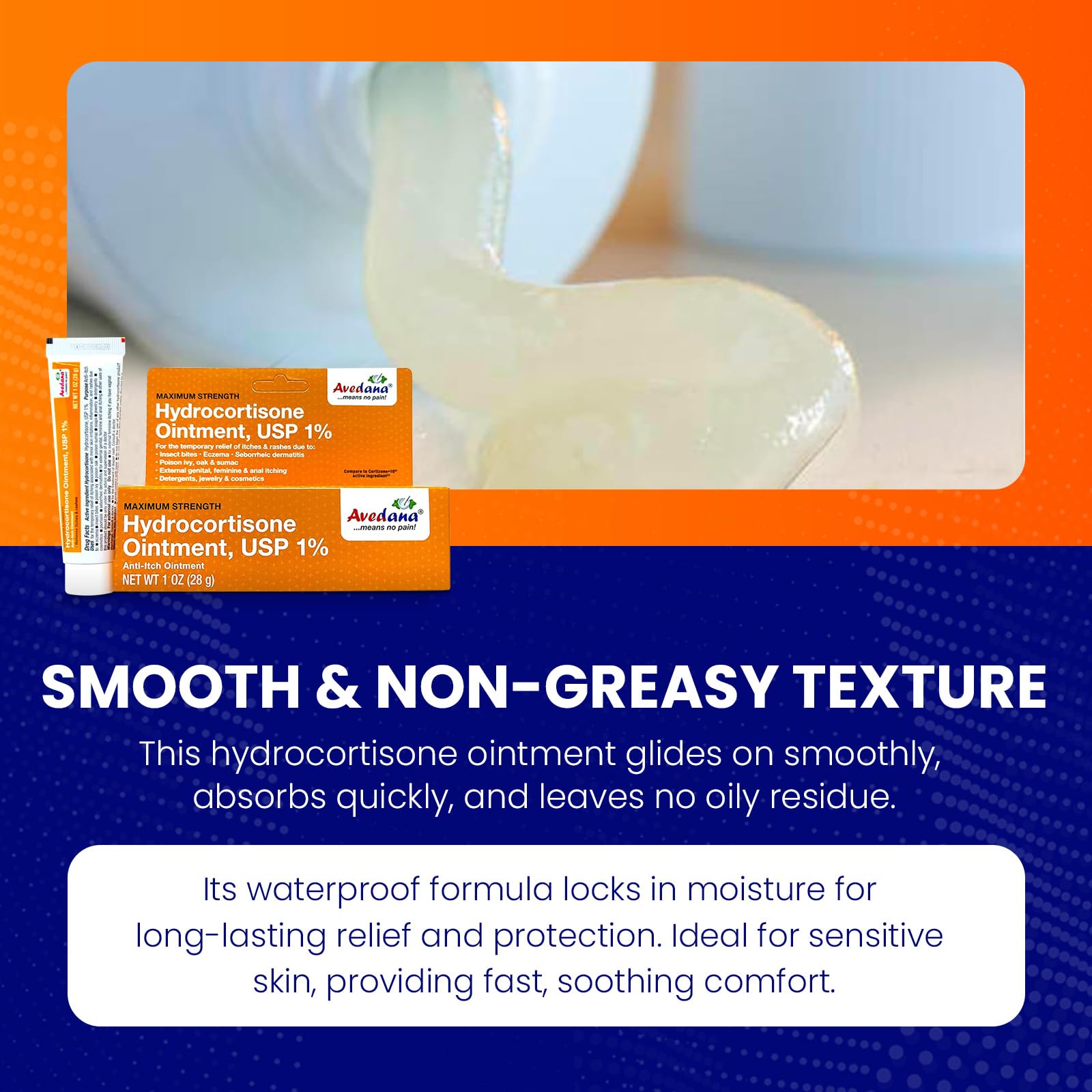 Fast-relief AVEDANA ointment shown in use for itch relief