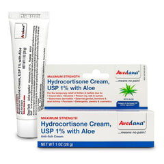 AVEDANA Hydrocortisone Cream bottle front with aloe for rapid itch relief.