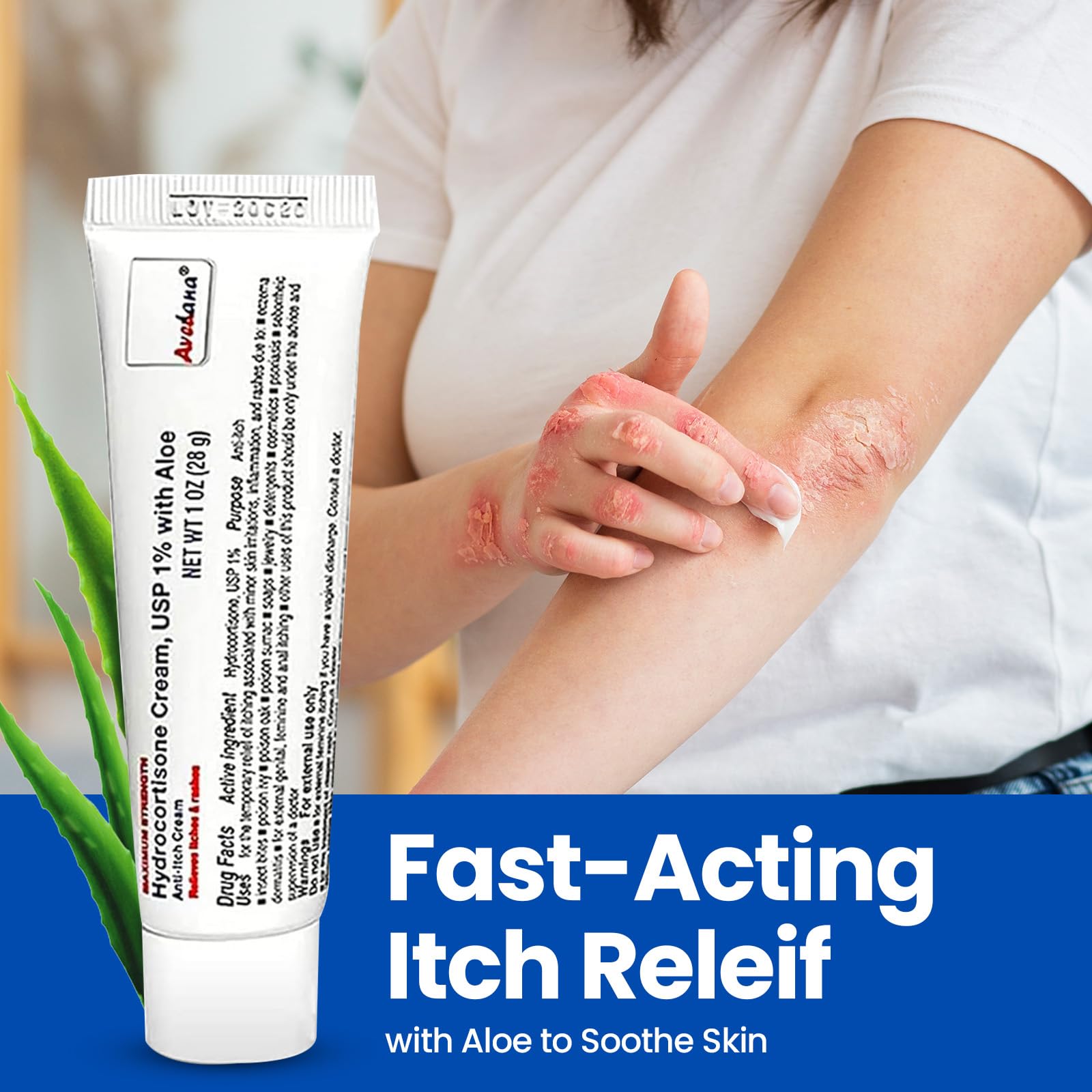 AVEDANA Hydrocortisone Cream tube close-up shows a quick-absorbing formula.