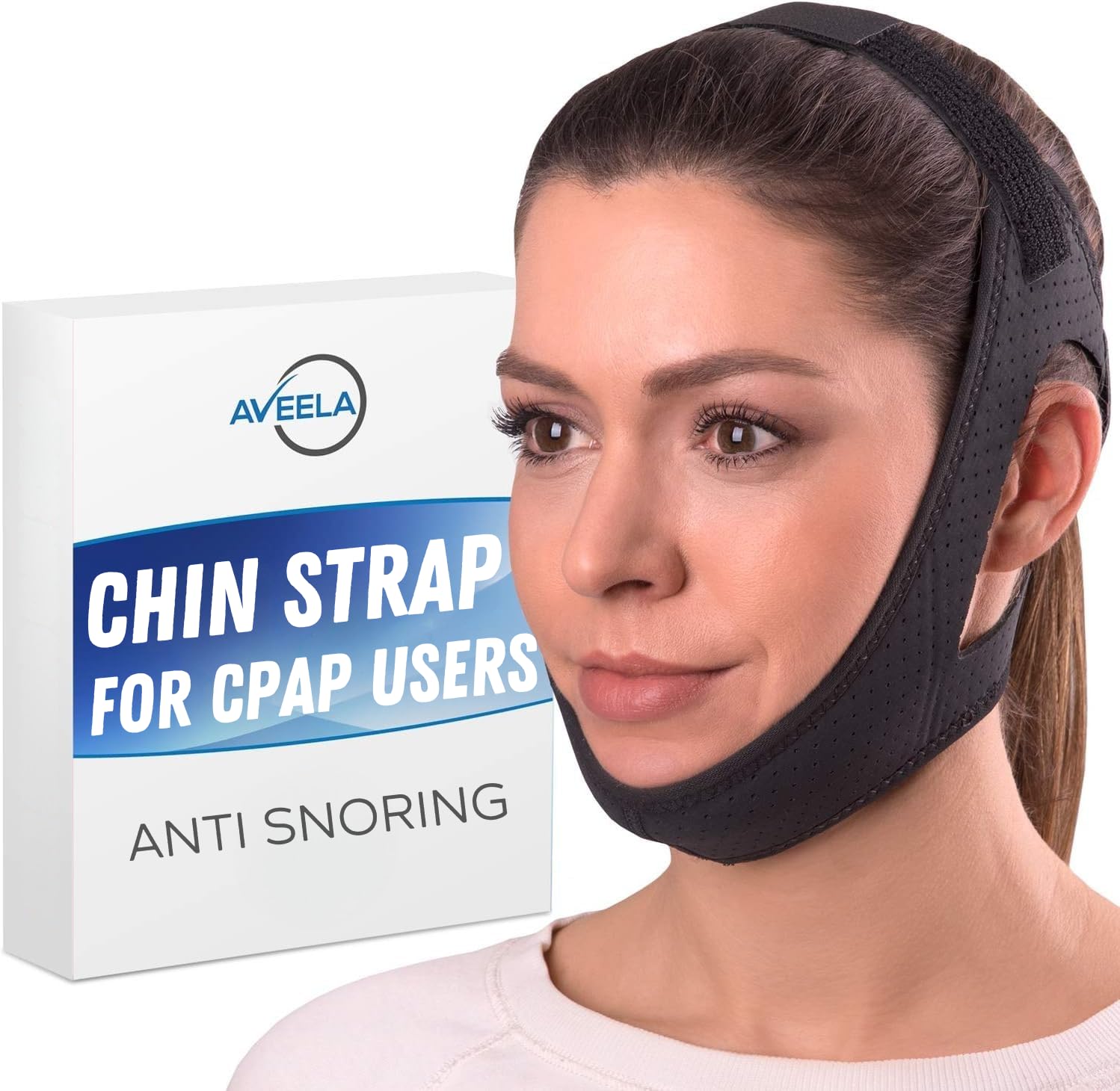 AVEELA chin strap for sleeping demonstrates mouth-closure aid and snoring-reduction potential.