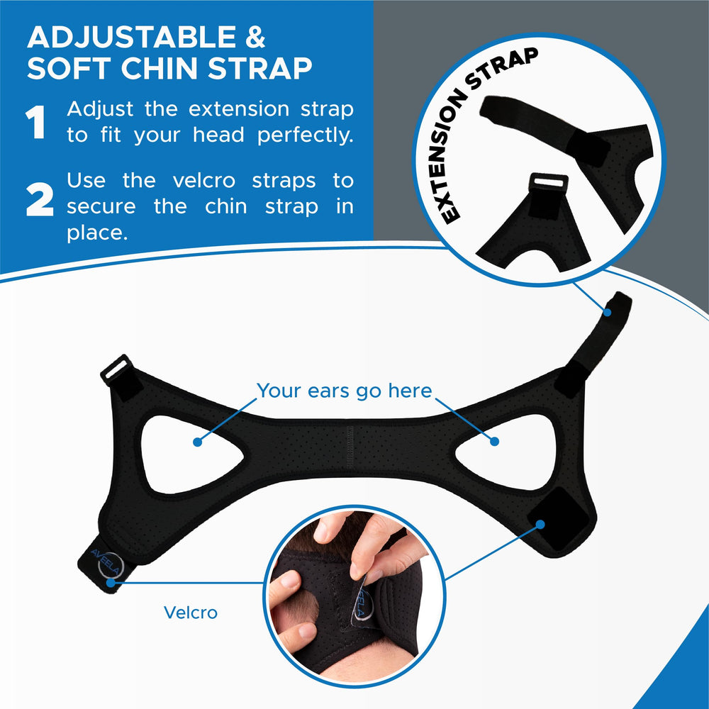 AVEELA chin strap visuals show multiple sizes for secure, comfortable wear.