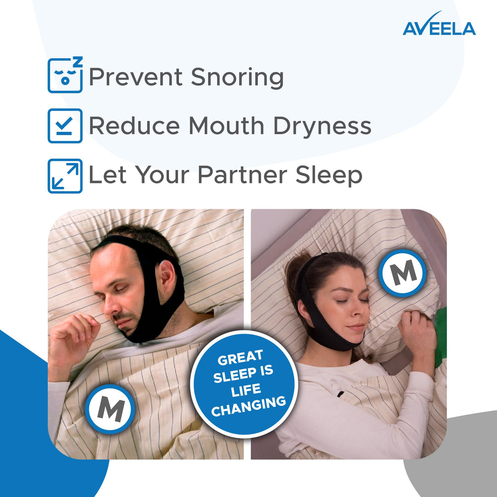 AVEELA CPAP-friendly chin strap shown to support CPAP therapy and dryness prevention.