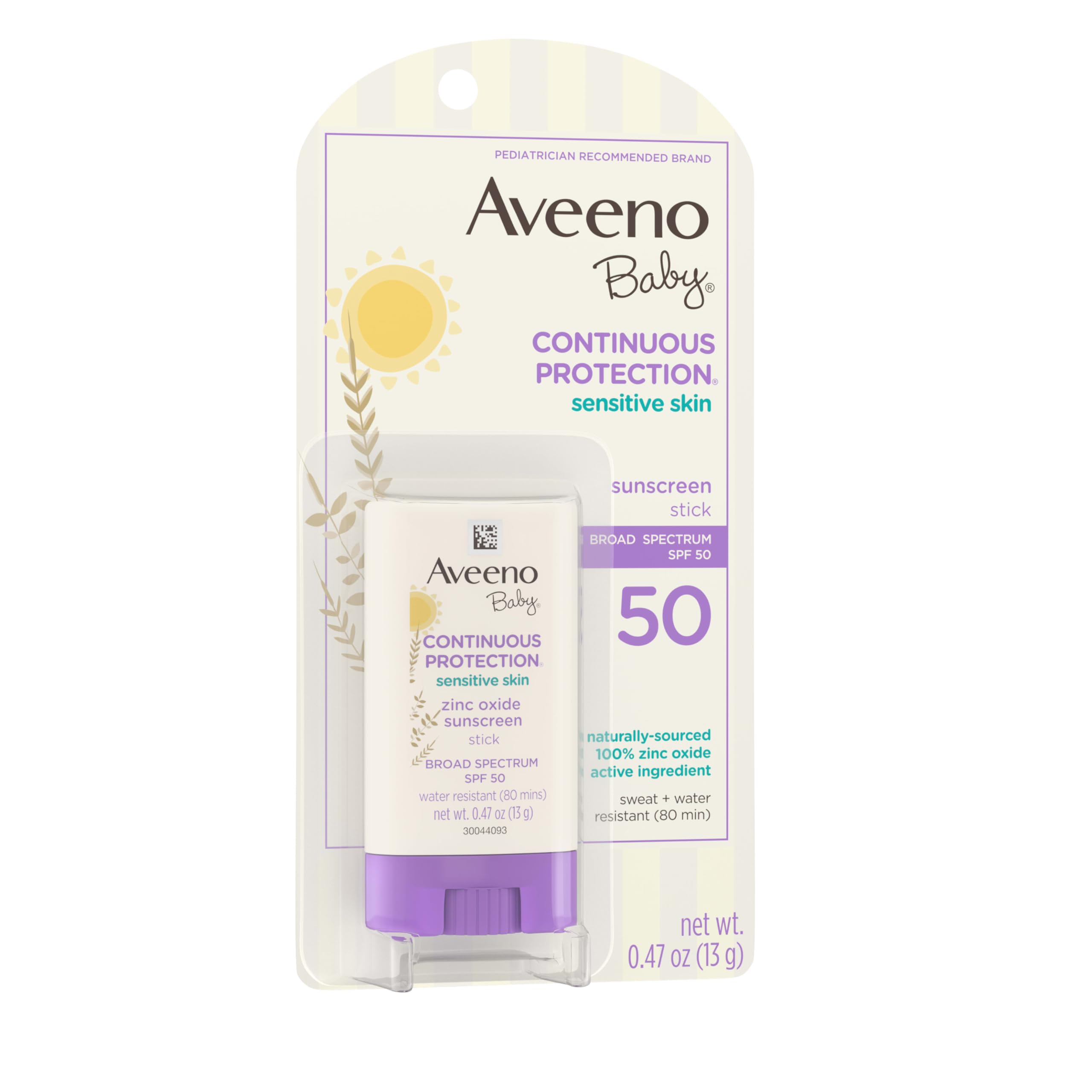 Sunny day scene with Aveeno Baby sunscreen proving 80-minute sweat- and water-resistance.