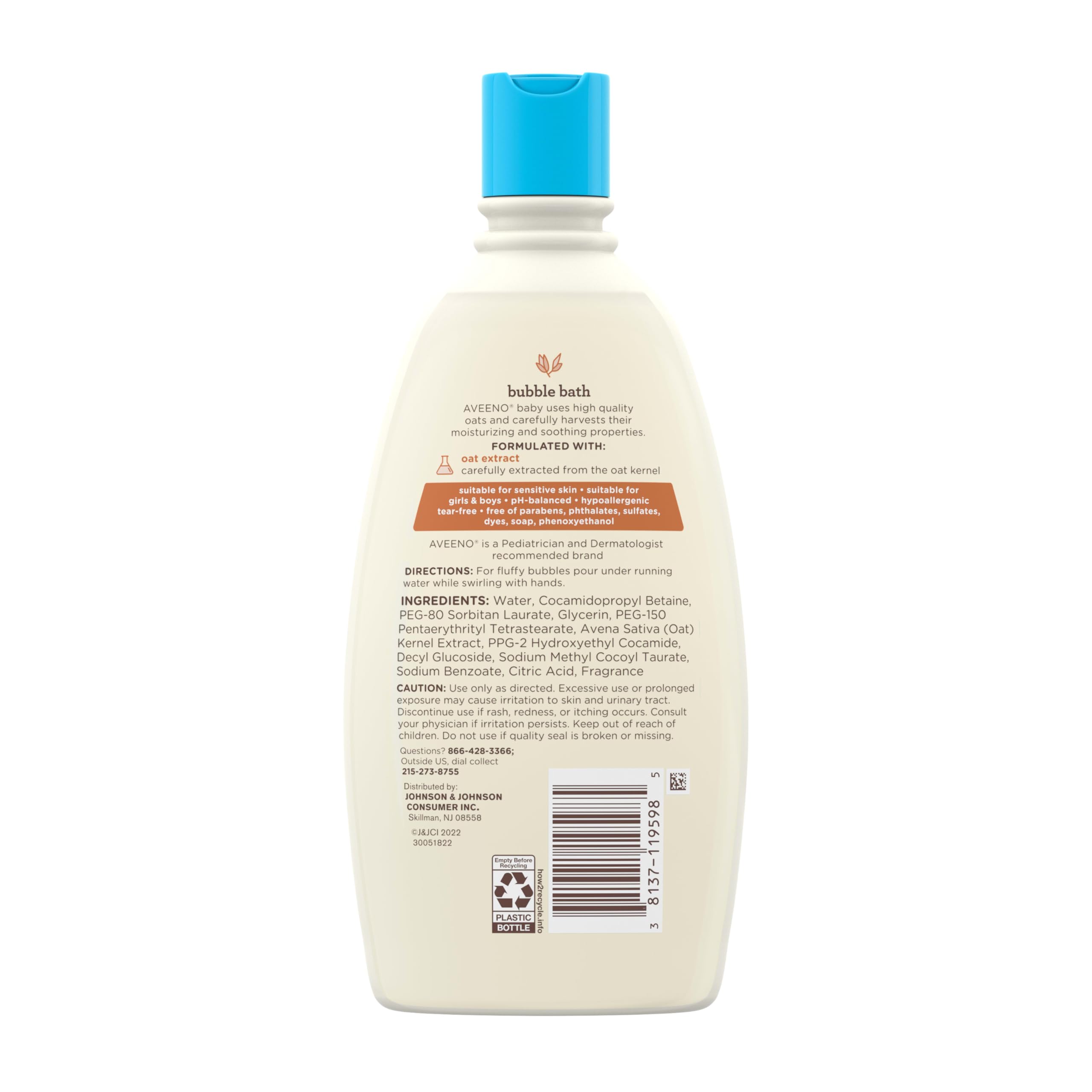 Parabens and dyes are absent in Aveeno Baby Bubble Bath for safe daily use.