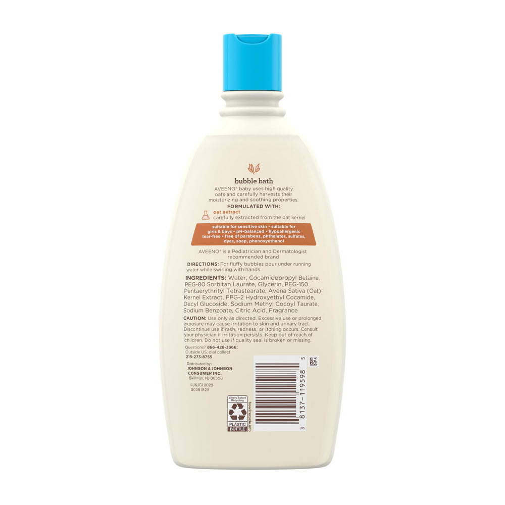 Parabens and dyes are absent in Aveeno Baby Bubble Bath for safe daily use.