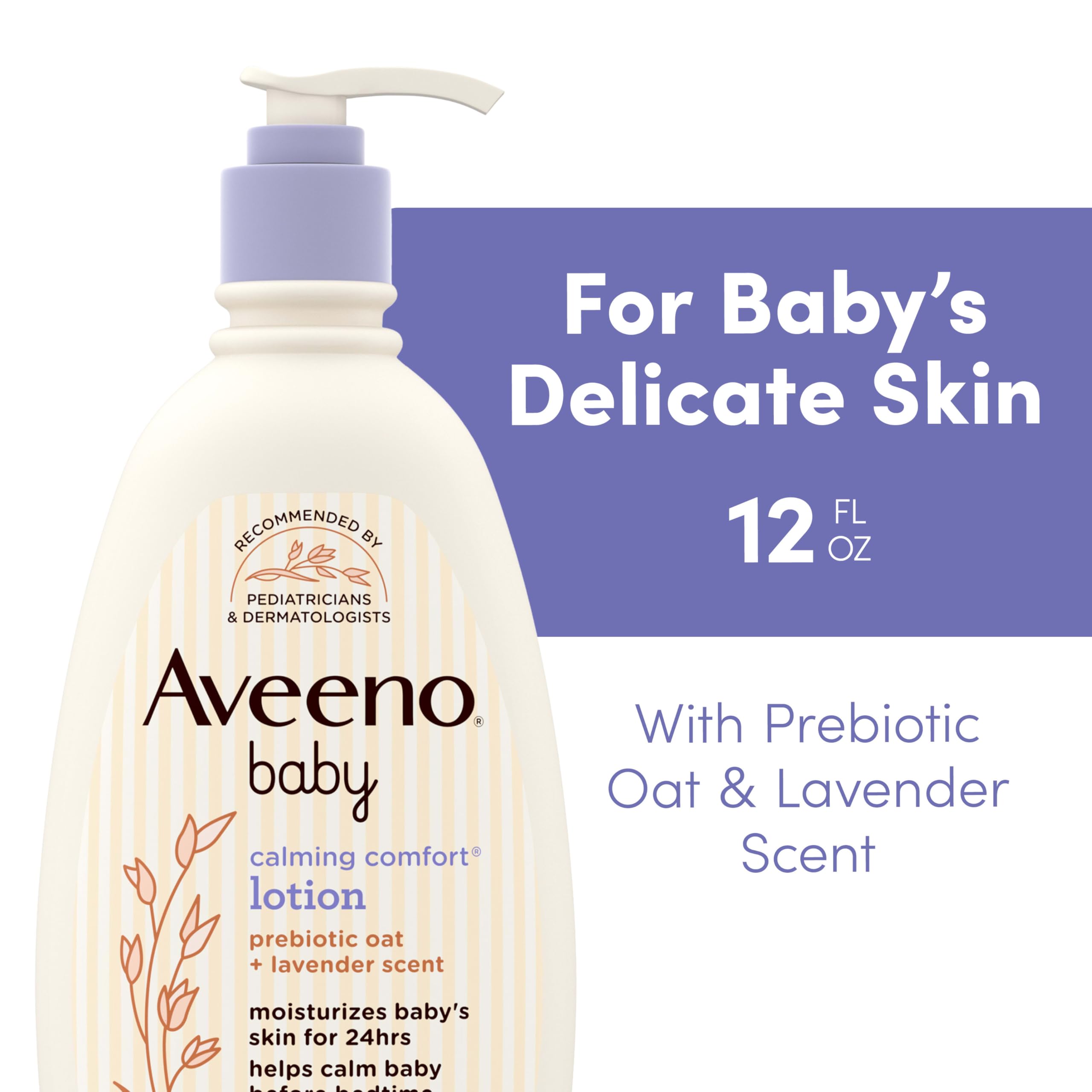 Close-up of baby bedtime routine featuring Aveeno Calming Comfort Lotion