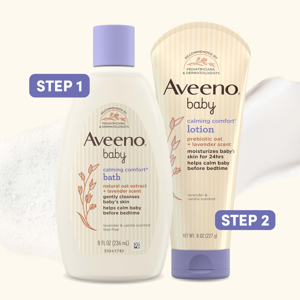 Aveeno Baby Calming Comfort Lotion provides long-lasting moisture up to 24 hours.