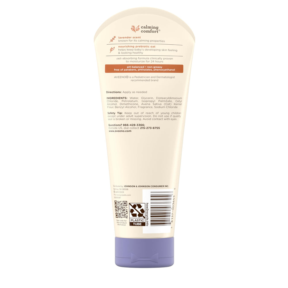 Aveeno Baby Calming Comfort Lotion close-up on 8oz bottle for everyday care.
