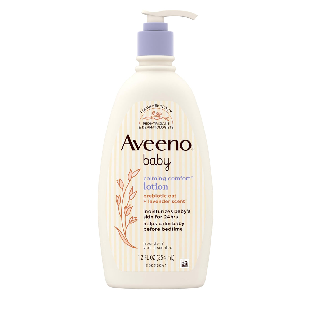 Aveeno Baby Calming Comfort Lotion bottle close-up with lavender and vanilla scent for nighttime hydration