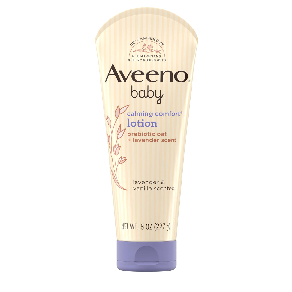 Aveeno Baby Calming Comfort Lotion bottle with lavender-vanilla scent for soothing bedtime.