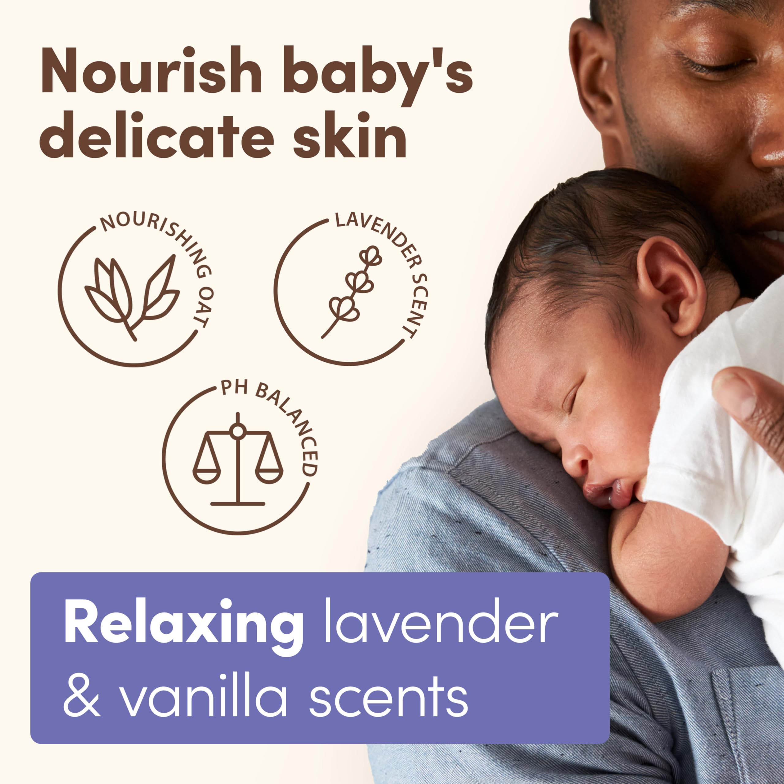 Aveeno Baby Calming Comfort Lotion with prebiotic oat nourishes developing skin.