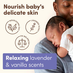 Aveeno Baby Calming Comfort Lotion with prebiotic oat nourishes developing skin.