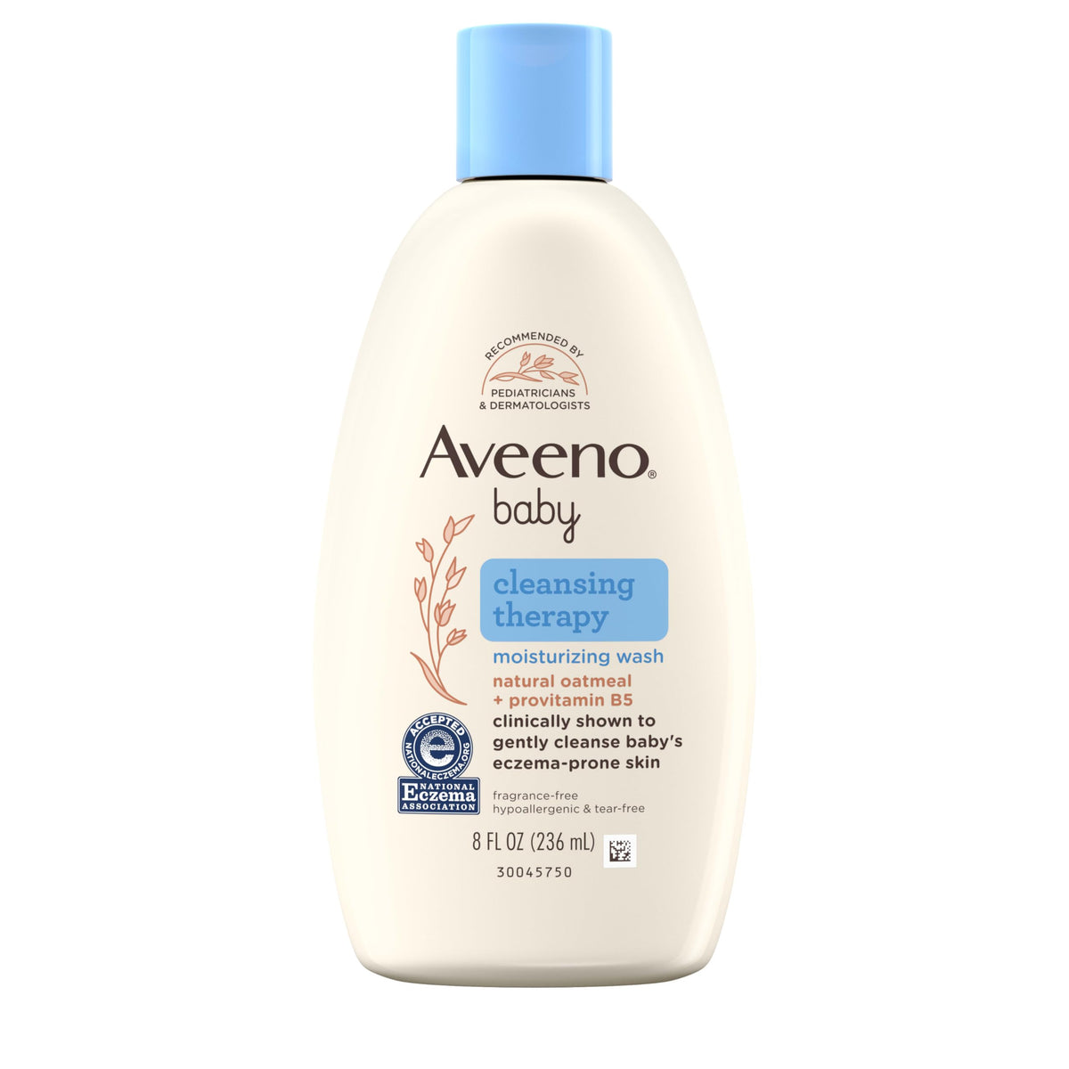Aveeno Baby Cleansing Therapy bottle closeup, gentle cleansing for sensitive skin.